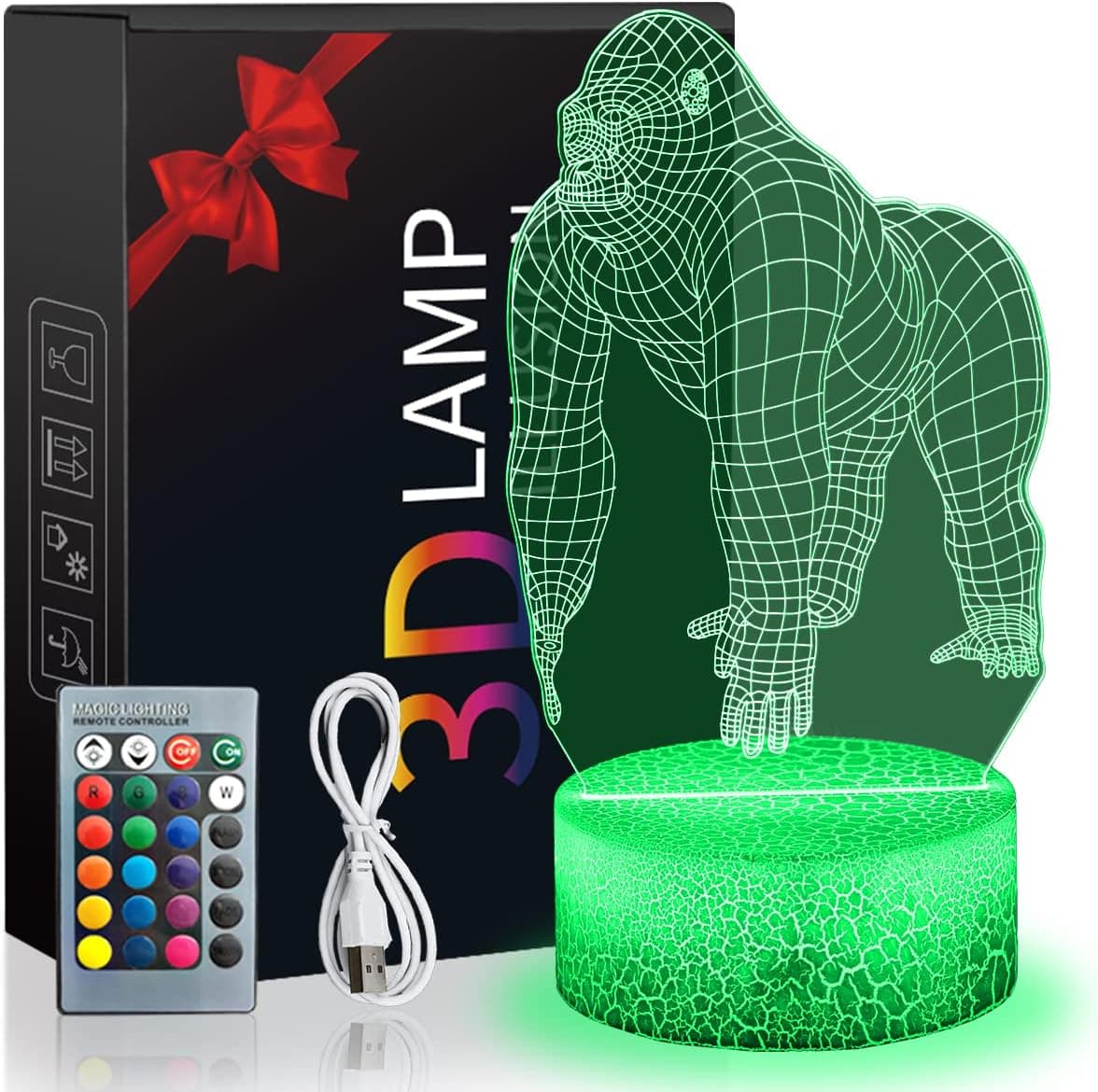Gorilla Lamp for Kids, 3D Illusion Gorilla Toys Lamp with Remote & Smart Touch 16 Colours Changing Dimmable Table Desk Bedroom LED Lamp-Home Decoration Halloween Birthday Holiday Gifts for Boys Girls