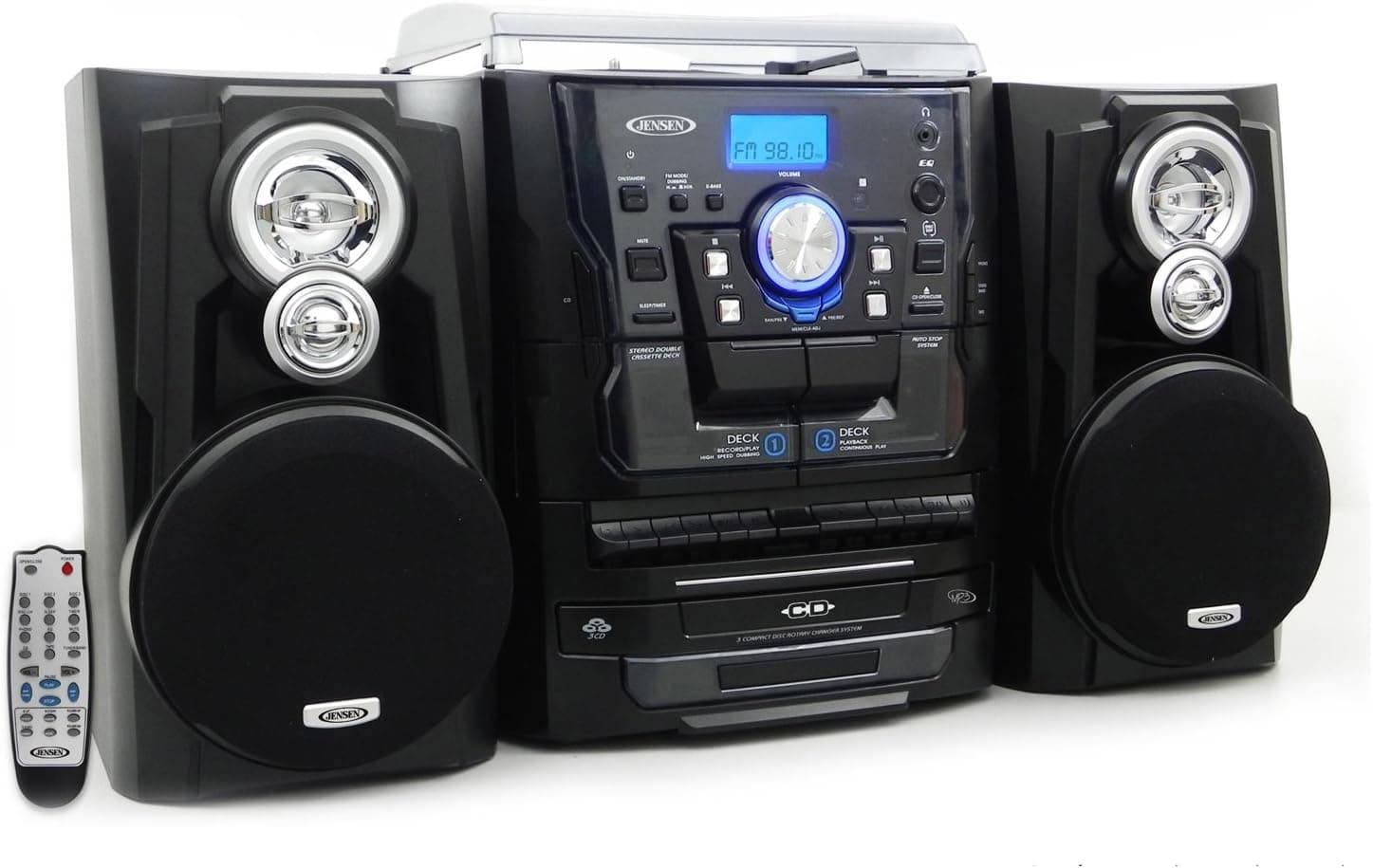Jensen JMC-1200BK Limited Edition 3-CD All in 1 Music System with Turntable CD/MP3/AM/FM Radio/Dual Cassette Deck (Black)
