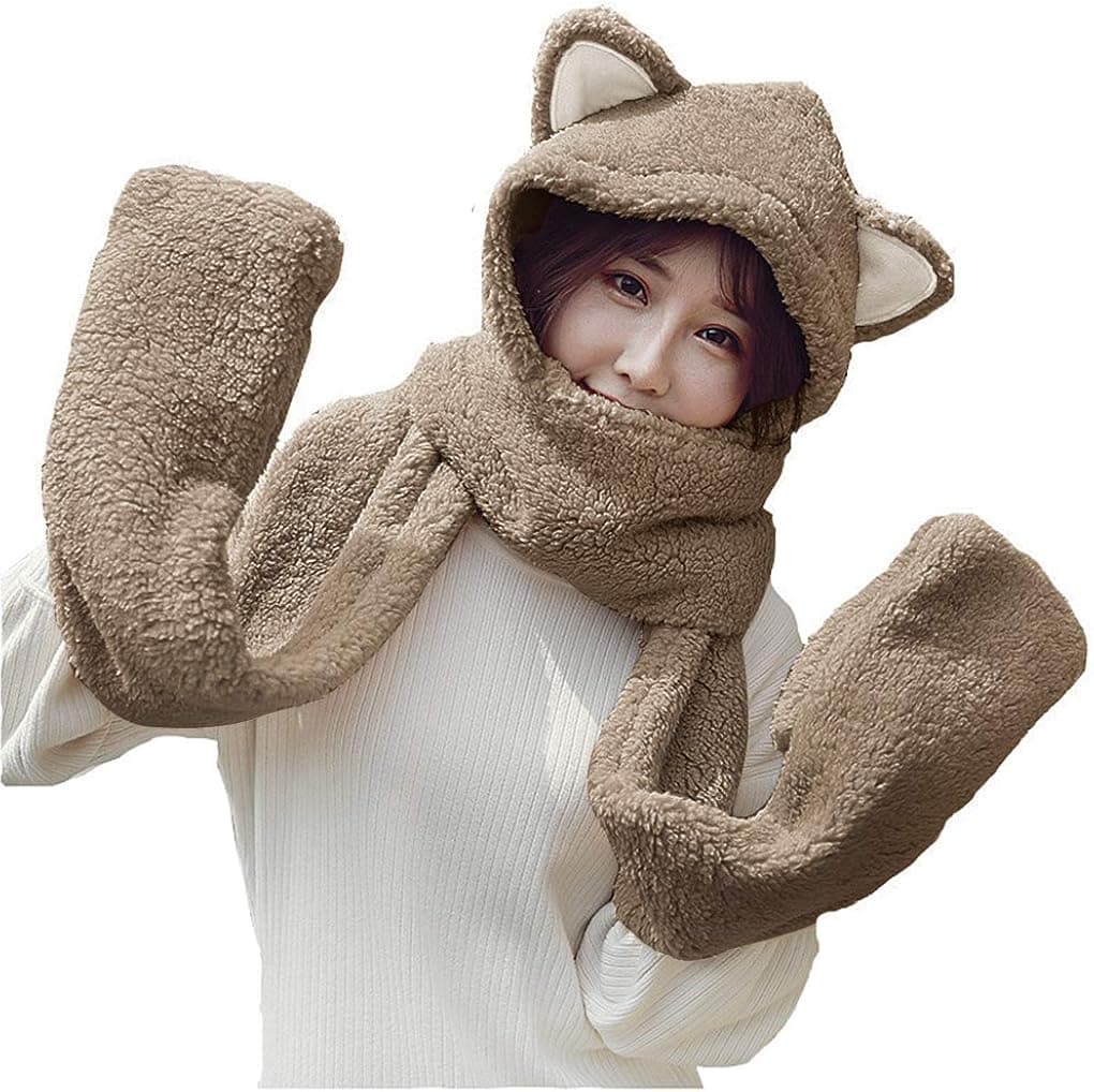 Women Girls Cute Panda Animal Winter Hats 3 in 1 Warm Plush Hoodie Cap Paw Gloves Mitten Scarf Set