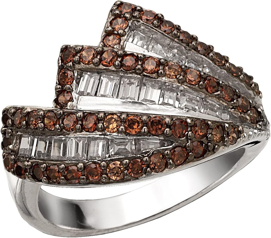 Jewelry At Cost Sterling Silver Two-Tone Cocktail Ring with White and Brown Chocolate Cubic Zirconia