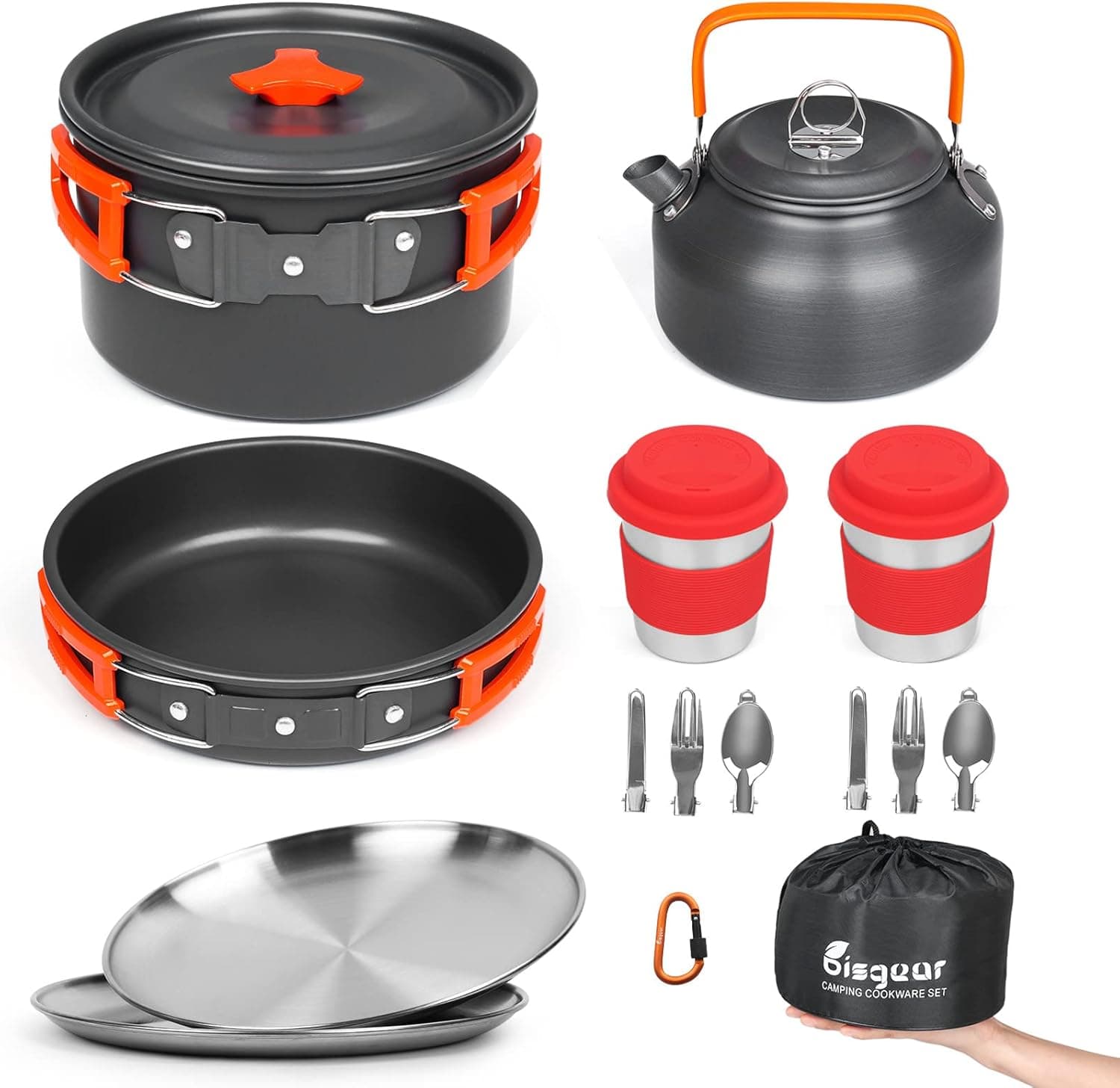 Bisgear Camping Cookware Kettle Mess Kit - Camping Cooking Set Stainless Steel 18/8 Plates Cups with Lids &Sleeves Cutlery - Camping Pots and Pans Set - Backpacking Gear Camp Accessories Equipment