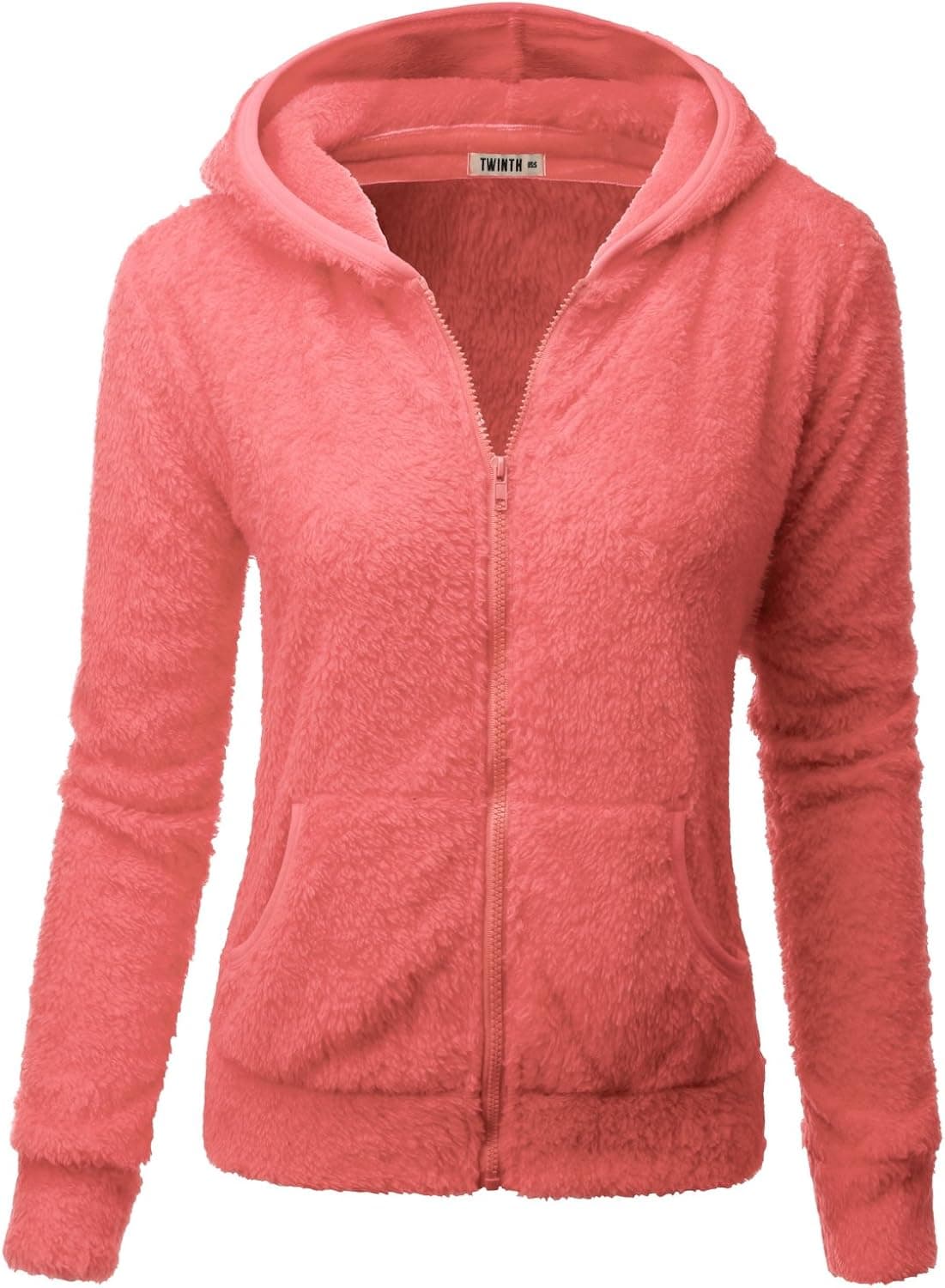 Doublju Womens Day-to-Night Plush 3/4 Sleeve Hooded Fleece Outwear Coral,M
