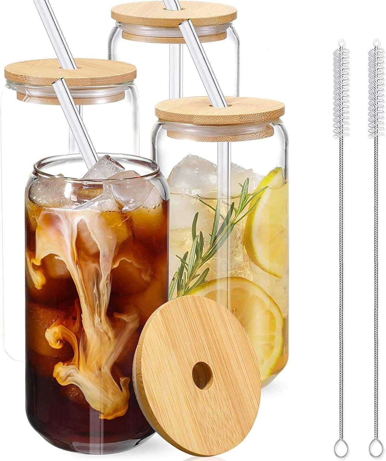 Megan Drinking Glasses with Bamboo Lids and Glass Straw 4pcs Set 16oz Can Shaped Glass Cups, Beer Glasses, Iced Coffee Glasses, Iced Tea Glasses,Cocktail Glasses, Clear Water Glasses.