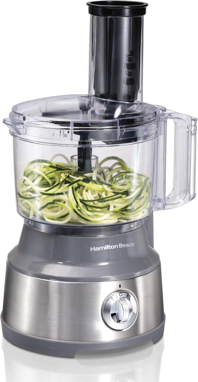 Hamilton Beach Food Processor & Vegetable Chopper for Slicing, Shredding, Mincing, and Puree, 10 Cups + Veggie Spiralizer makes Zoodles and Ribbons, Stainless Steel (70735)