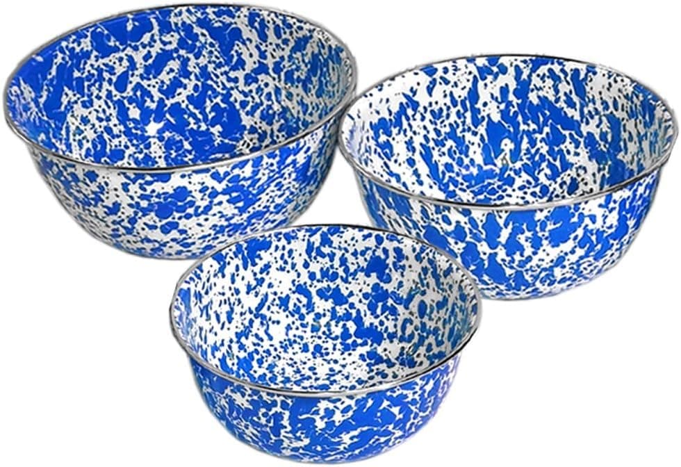 Crow Canyon Home Enamelware Mixing Bowl Set, 3 piece, Blue/White Splatter