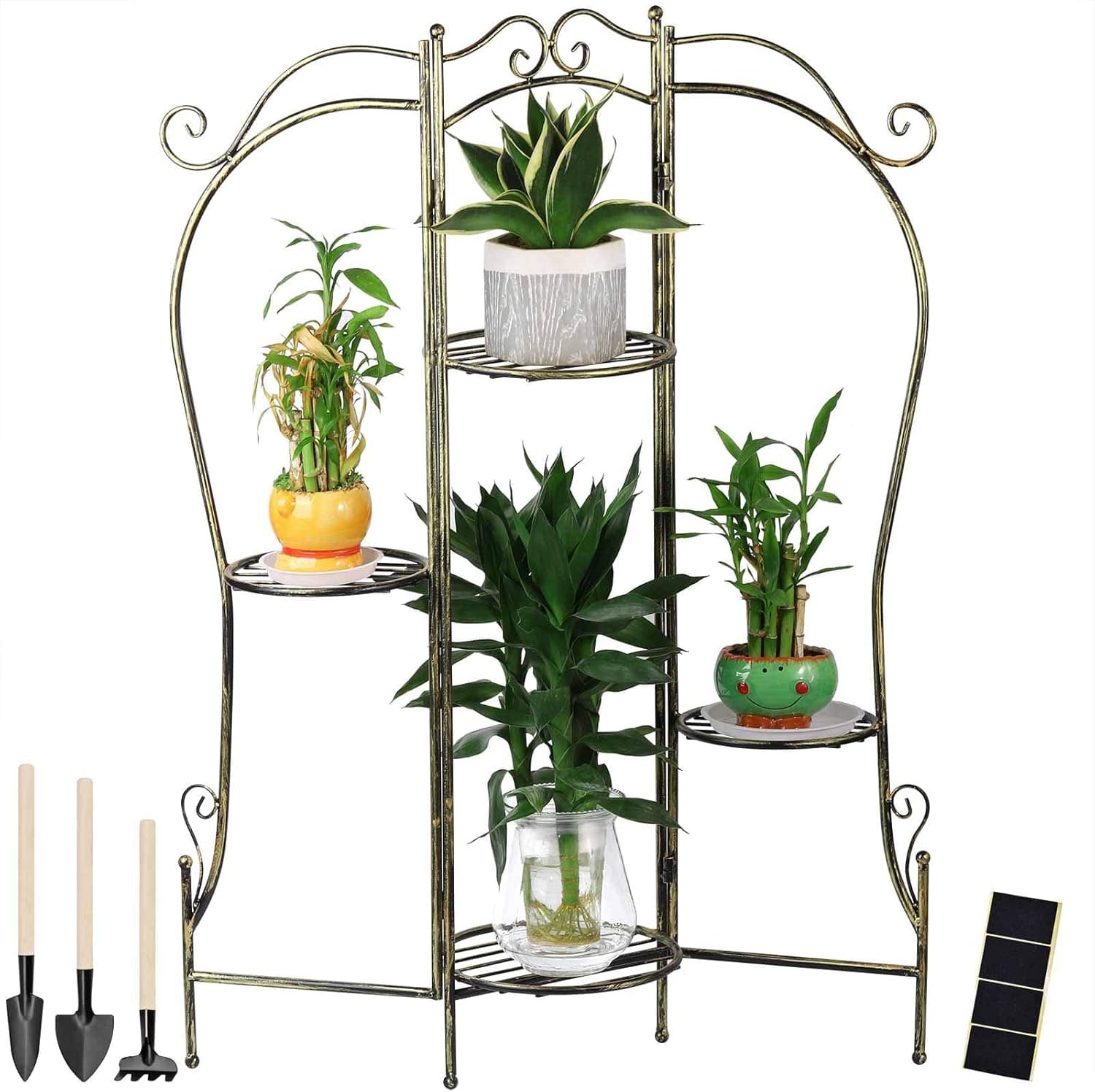 Retro Plant Stand/Shelves, Foldable Planter Display, Flower Pot Organizer Storage Rack for Indoor Outdoor
