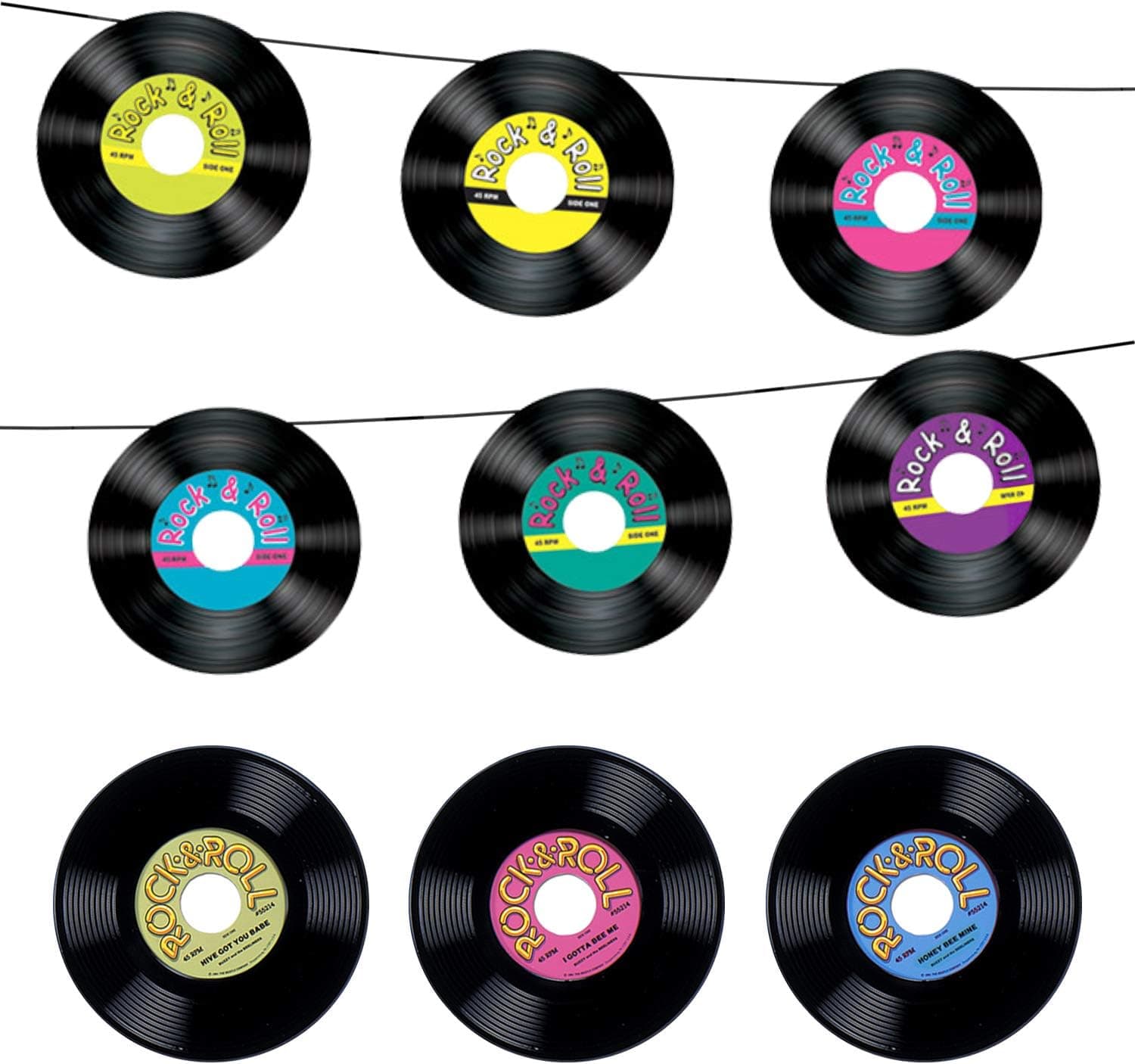 50's and 60's Party Decorations - Hanging Records Streamer Garland and Set of 3 Plastic 9" Records