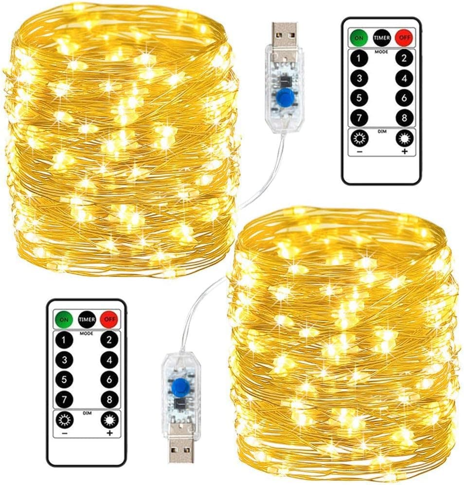 Da by 2 Pack USB Fairy Lights 33Ft 100 LEDs with Remote 8 Modes Dimmable and Timer,Copper Wire with Silver Coating,Twinkle Starry String Lights for Wedding, Party, Festival, Home ect.(Warm White)
