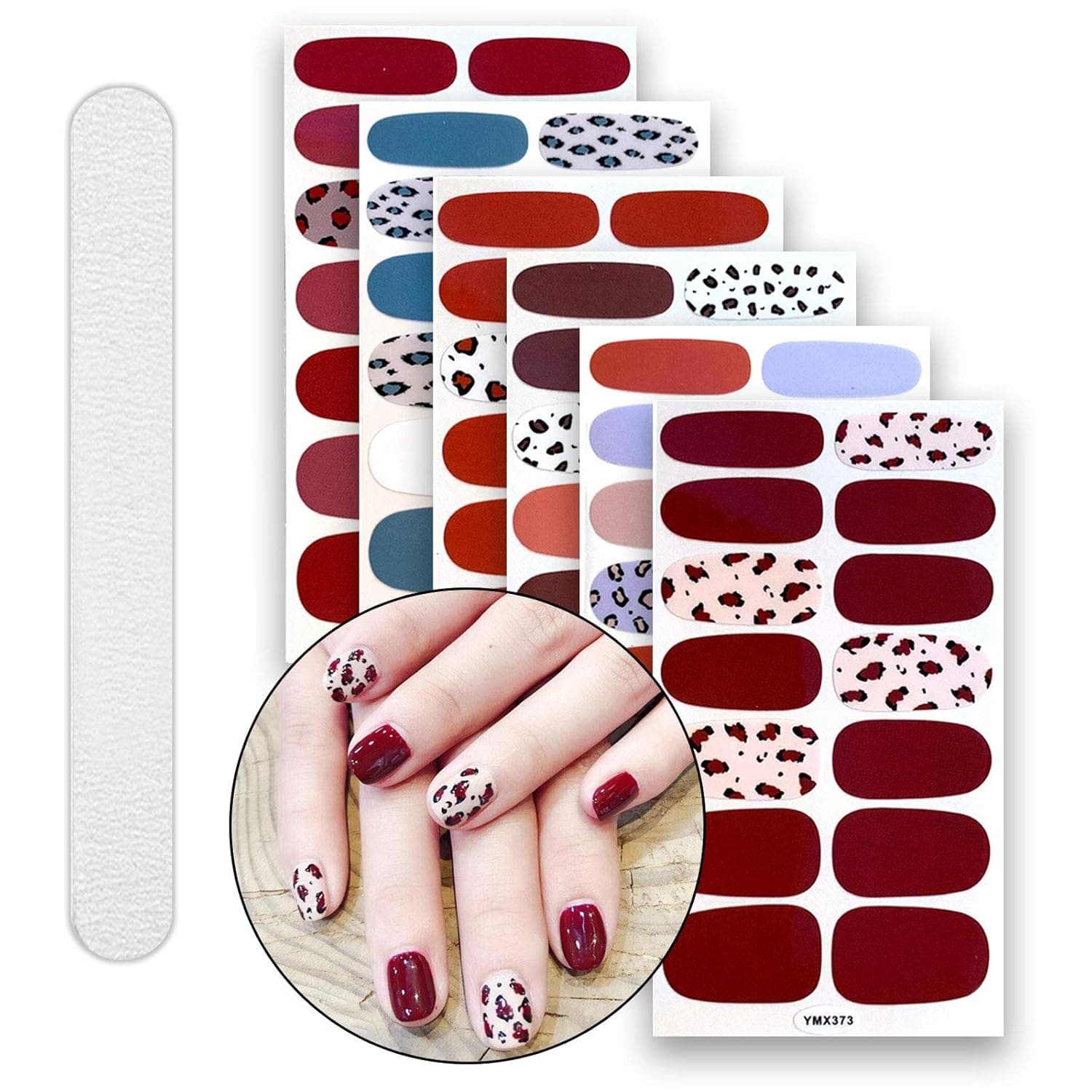 6 Sheets Full Nail Wraps Art Polish Stickers Decal Strips Adhesive False Nail Design Manicure Set with 1Pc Nail Buffers Files for Women Girls