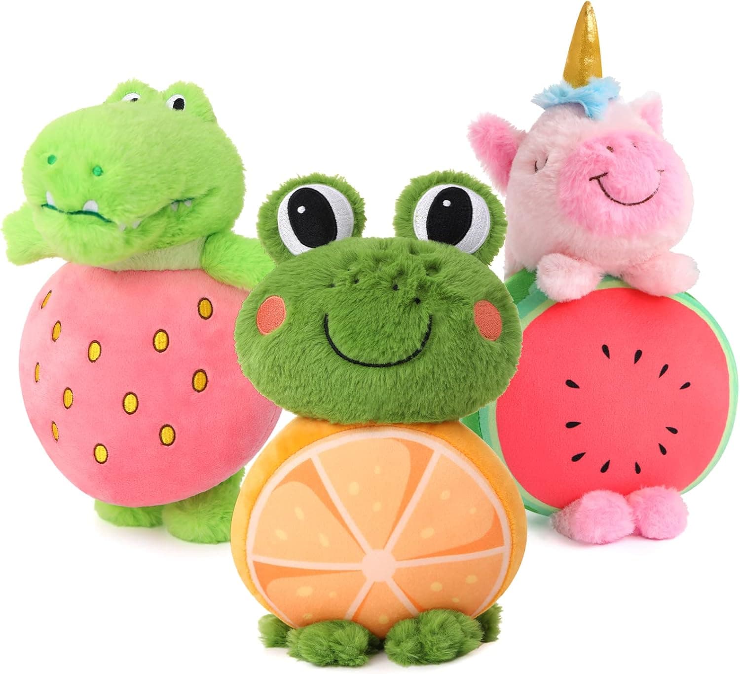 MaoGoLan Original Stuffed Animal with Fruit Body, 3-Pack Mini Colorful Fruit Plush Small Stuffed Unicorn/Frog/Crocodile for Boys Girls, Gift for Birthday Christmas Valentine's Day, 10.7 ”
