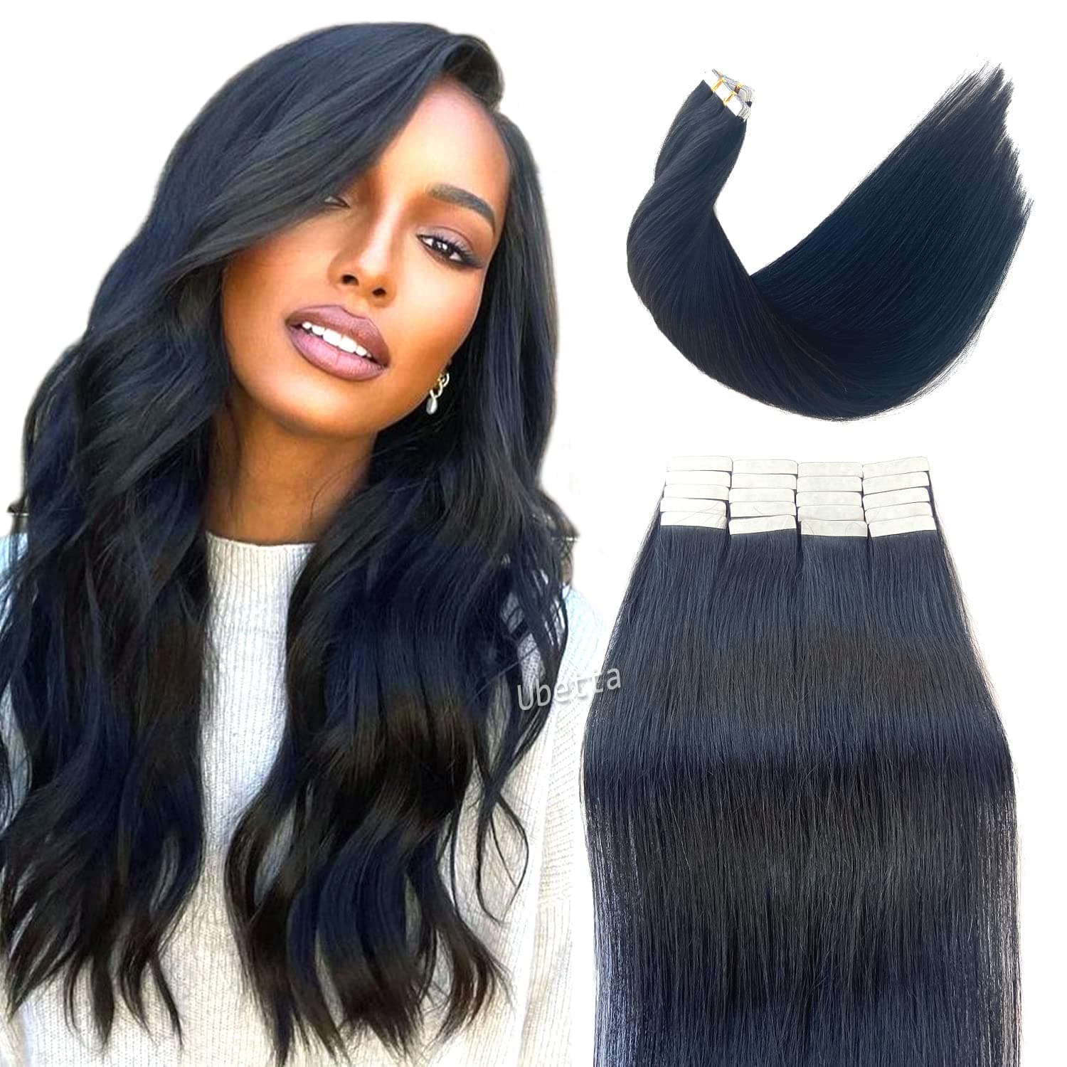 Tape in Hair Extensions Human Hair, Jet Black Hair Extensions Real Human Hair Tape ins Extensions for Black Women, 20 Pcs Tape in Hair Extensions Human Hair 20 Inch Invisible Double Sided Tape Hair