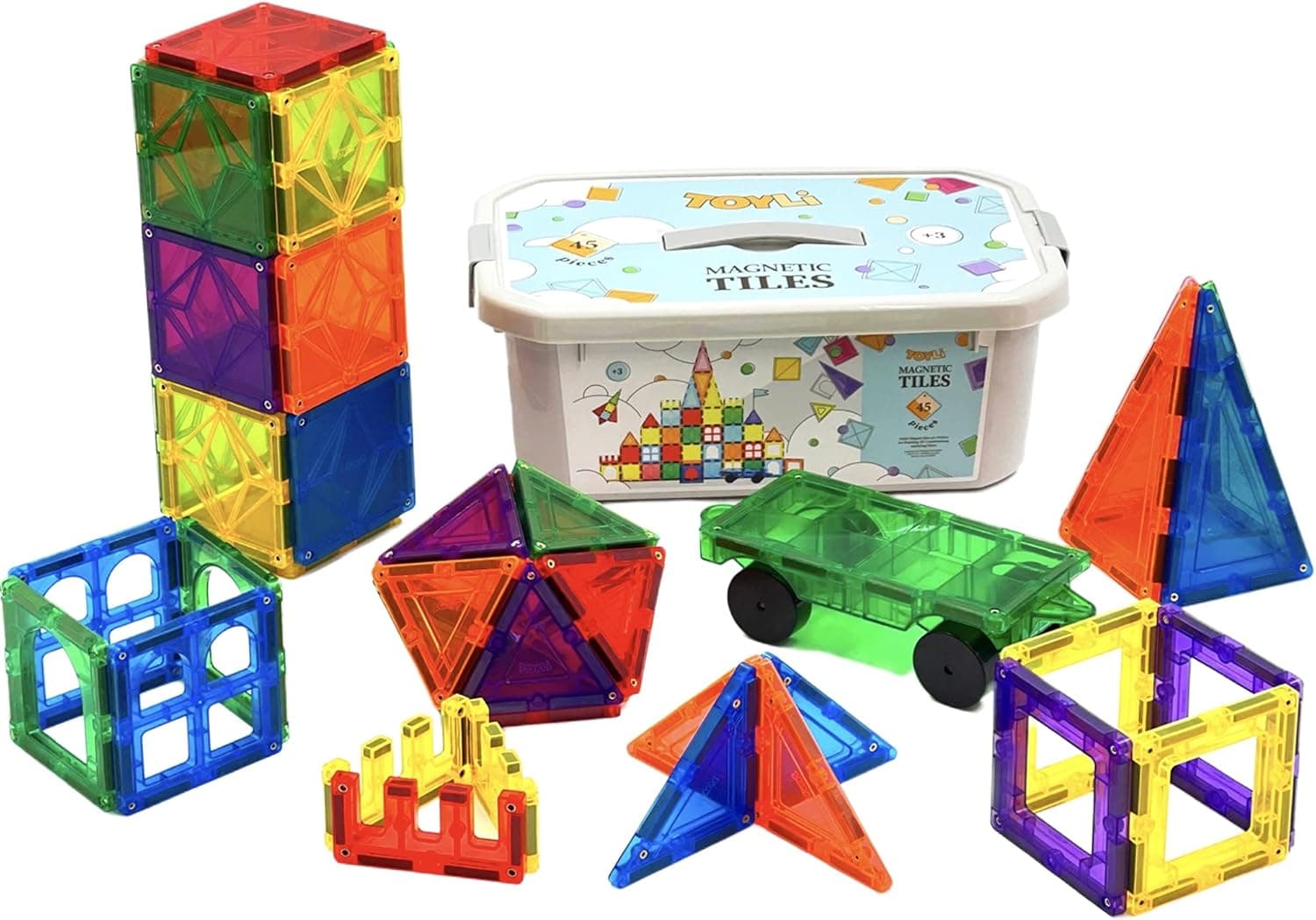 TOYLI Magnetic Tiles Clear Colors Building Blocks for Kids 45 Pieces Educational Magnetic Building Tiles STEM Block Connect Tiles Activities Tile Magnet for Toddlers Girls Boys Motoric Shapes
