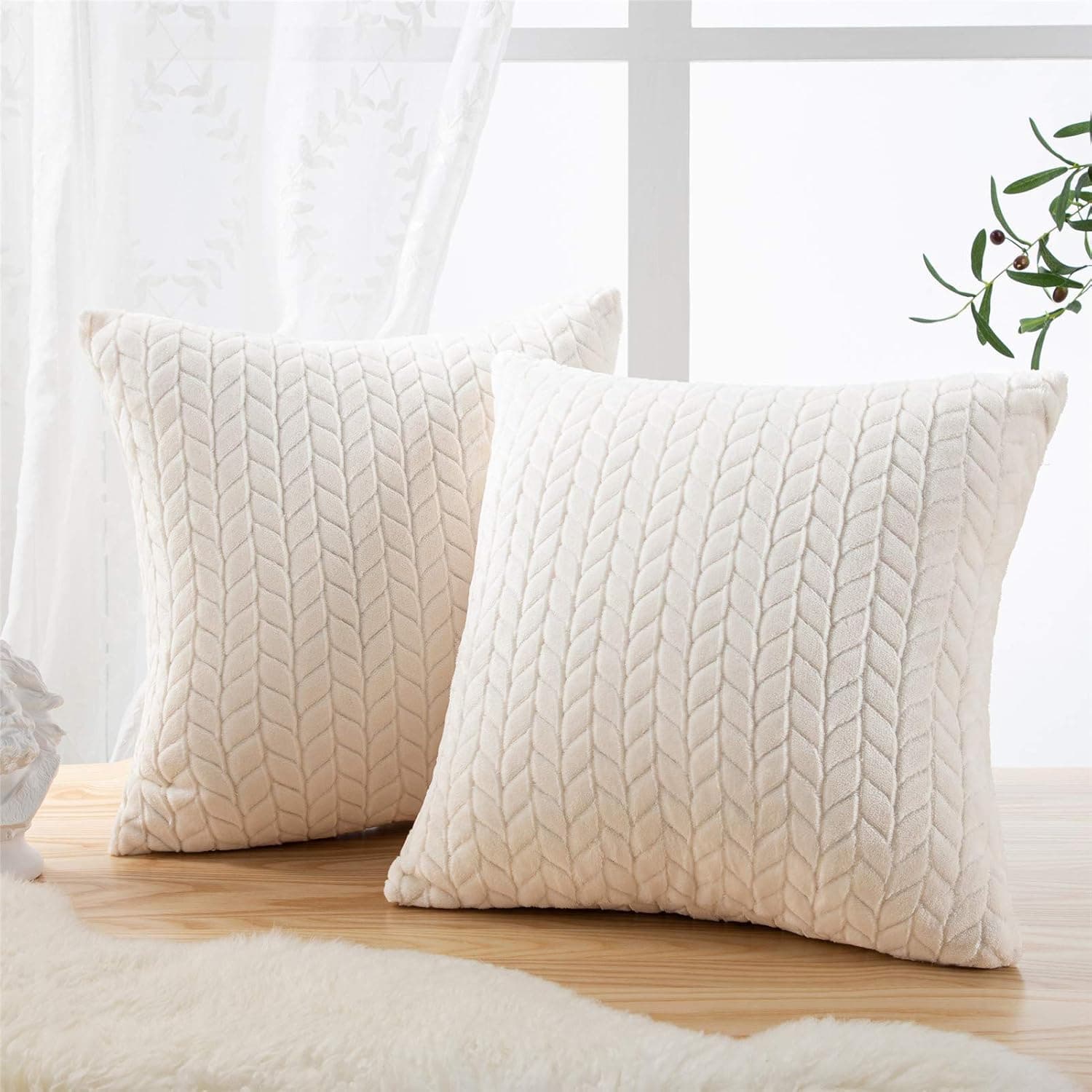 Noledar Decorative Farmhouse Throw Pillow Covers for Couch Bed Soft Flannel Solid Cushion Covers with Textured 18 x 18 Inch, Pack of 2, Cream