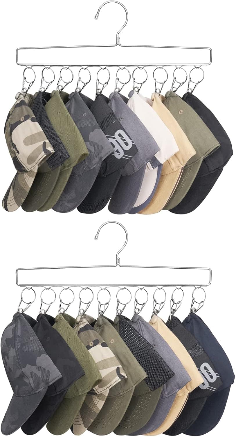 Mkono Hat Organizer Hanger for Closet Set of 2 Baseball Cap Organizer with 20 Clips Stainless Steel Hat Rack Holder for Baseball Caps, Silver Hat Hangers for Closet Organizer, Fits All Caps, 2 Pieces
