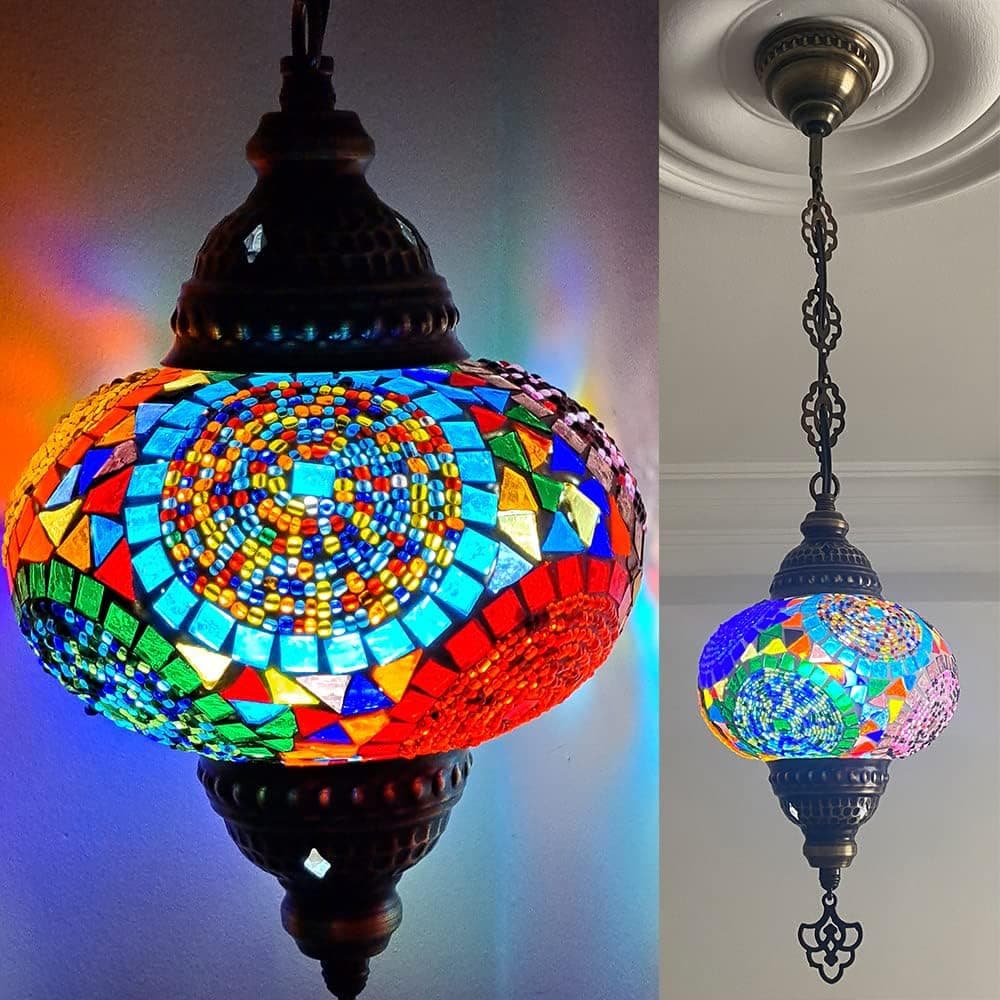 Vissmarta Turkish Moroccan Hanging Ceiling Mosaic Lamp Light Pendant Chandelier Multicolor Decorative Colorful Glass Globe Fixtures Living Room Bedroom Home Decor Hardwired Decoration