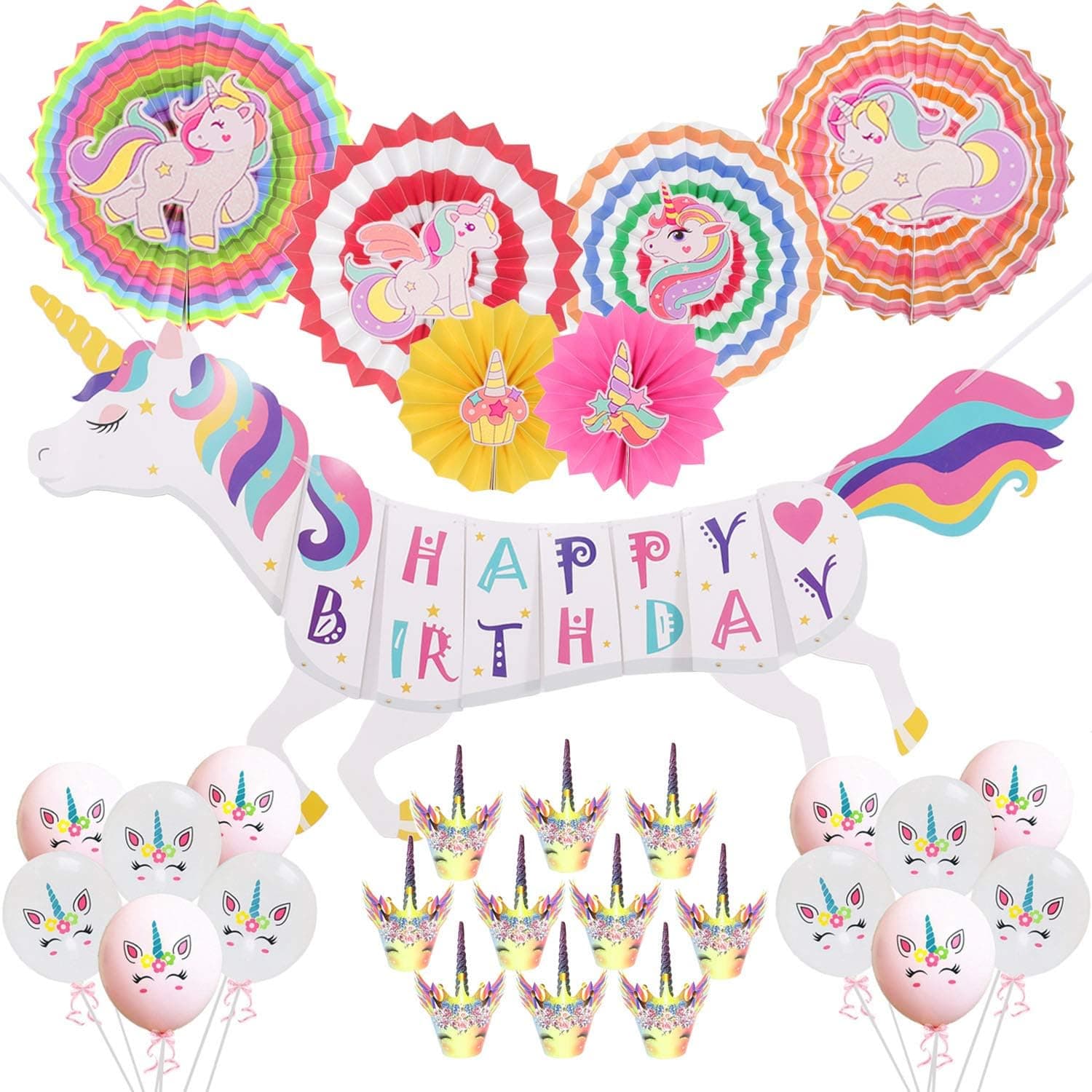 Rainbow Unicorn Theme Birthday Party Decorations Supplies-3D Unicorn Happy Birthday Banner-6 pcs Unicorn Paper Fan Flowers-10 Cupcake Toppers-12pcs Unicorn Balloons (Total 35 Items)