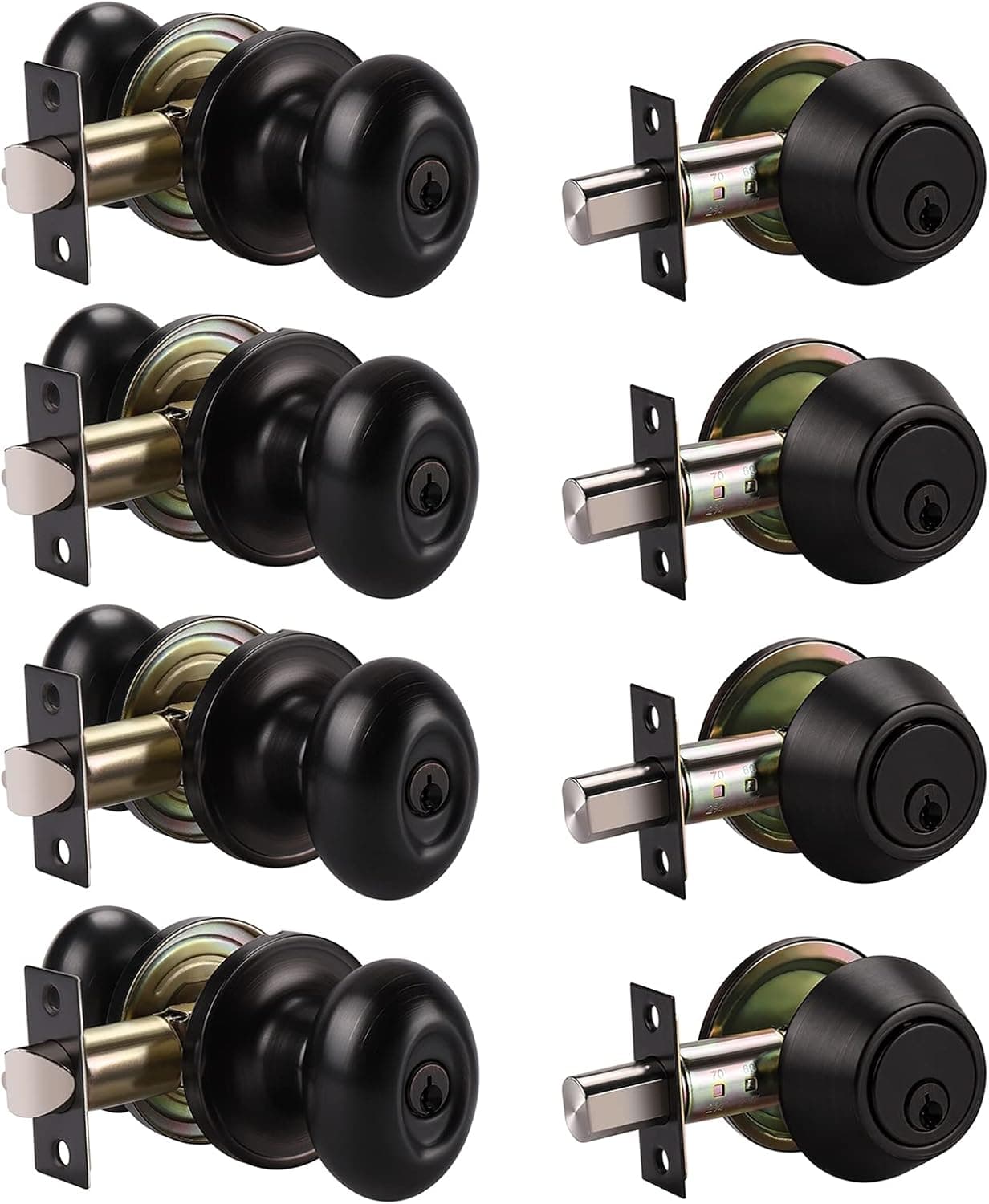 Home Improvement Direct 4 Pack Keyed Entry Door Knob and Single Cylinder Deadbolt Combination Set in Aged Oil Rubbed Bronze Finish, Exterior Knob with Lock and Deadbolt, Keyed Alike