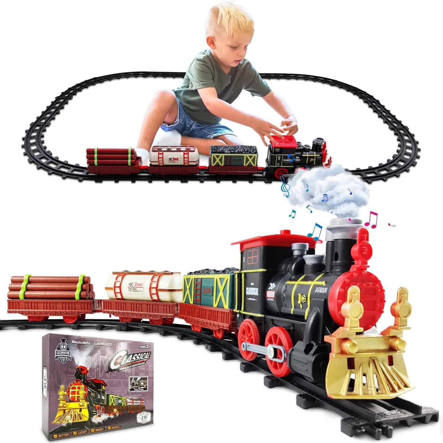 AHIROT Train Set for Christmas Tree: Battery-Powered Electric Train Set Around Tree w/Smoke Light & Sound for Kids Train Toy Gifts