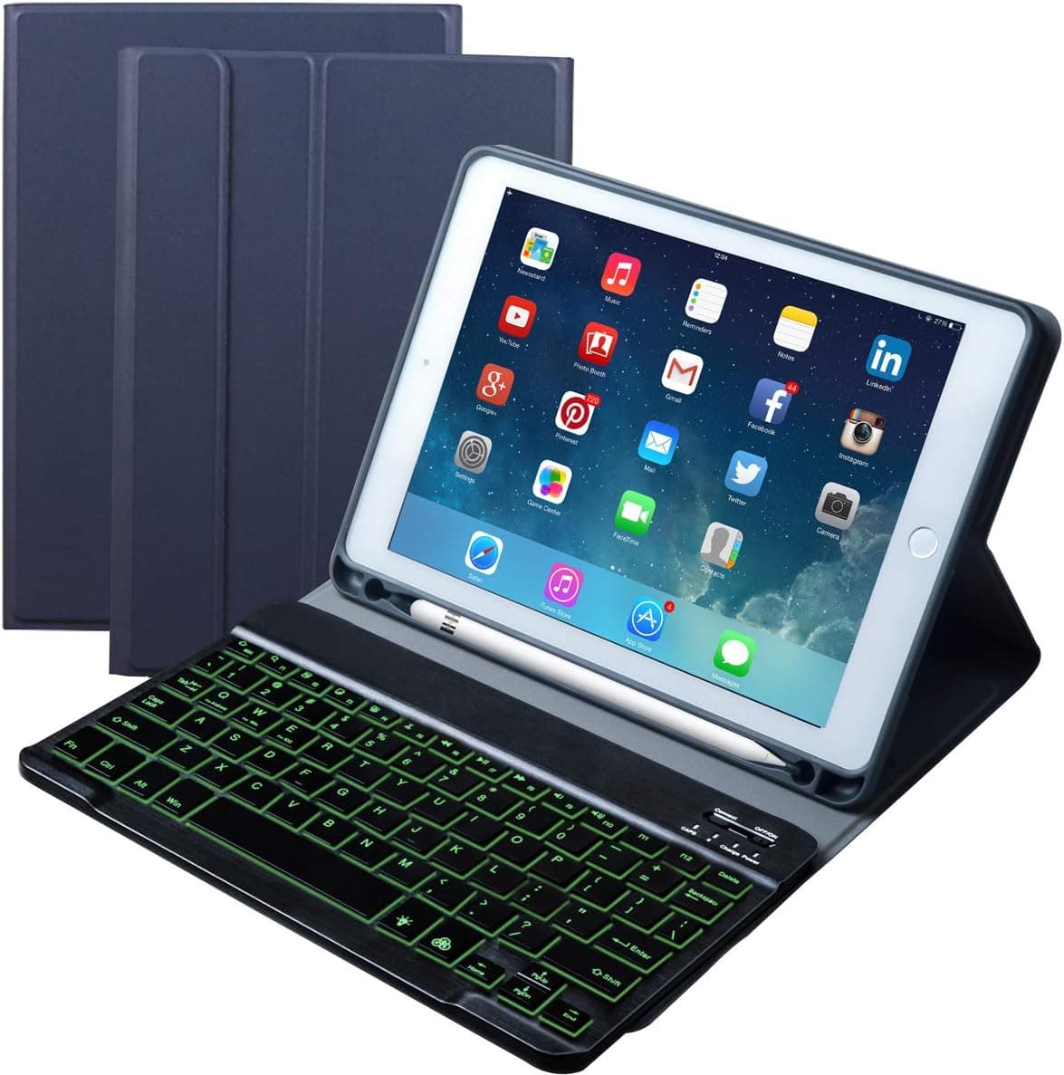 Keyboard Case for New 2018 2017 iPad Pro 9.7 iPad Air 1, 2 - Eoso 7 Color Backlit Detachable Quiet Slim Leather Folio Cover Built-in Pencil Holder (9.7", Dark Blue with Backlit Keyboard)