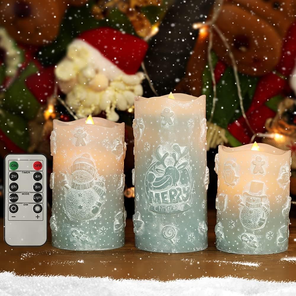Ceyunsal Christmas Flameless Candles Set of 3,Battery Operated Candles with Remote Timer,Holiday LED Realistic Pillar Candles Xmas Home Decorations Blue H4x5x6in.