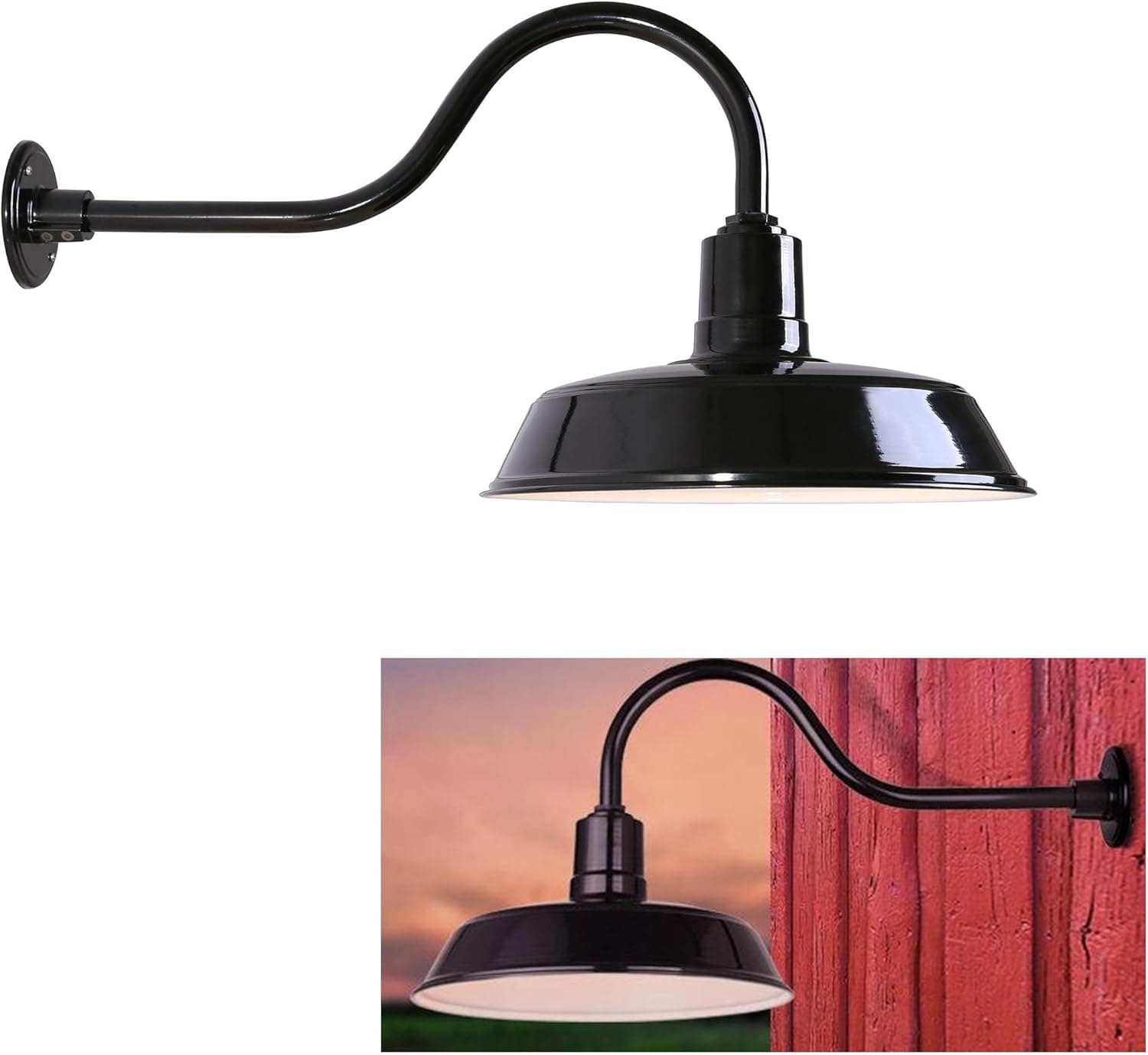 2 Pack Exterior Outdoor Barn Light Fixture Farmhouse Industrial Vintage Gooseneck Sconce Aluminum 16-in. Shade, Glossy Black