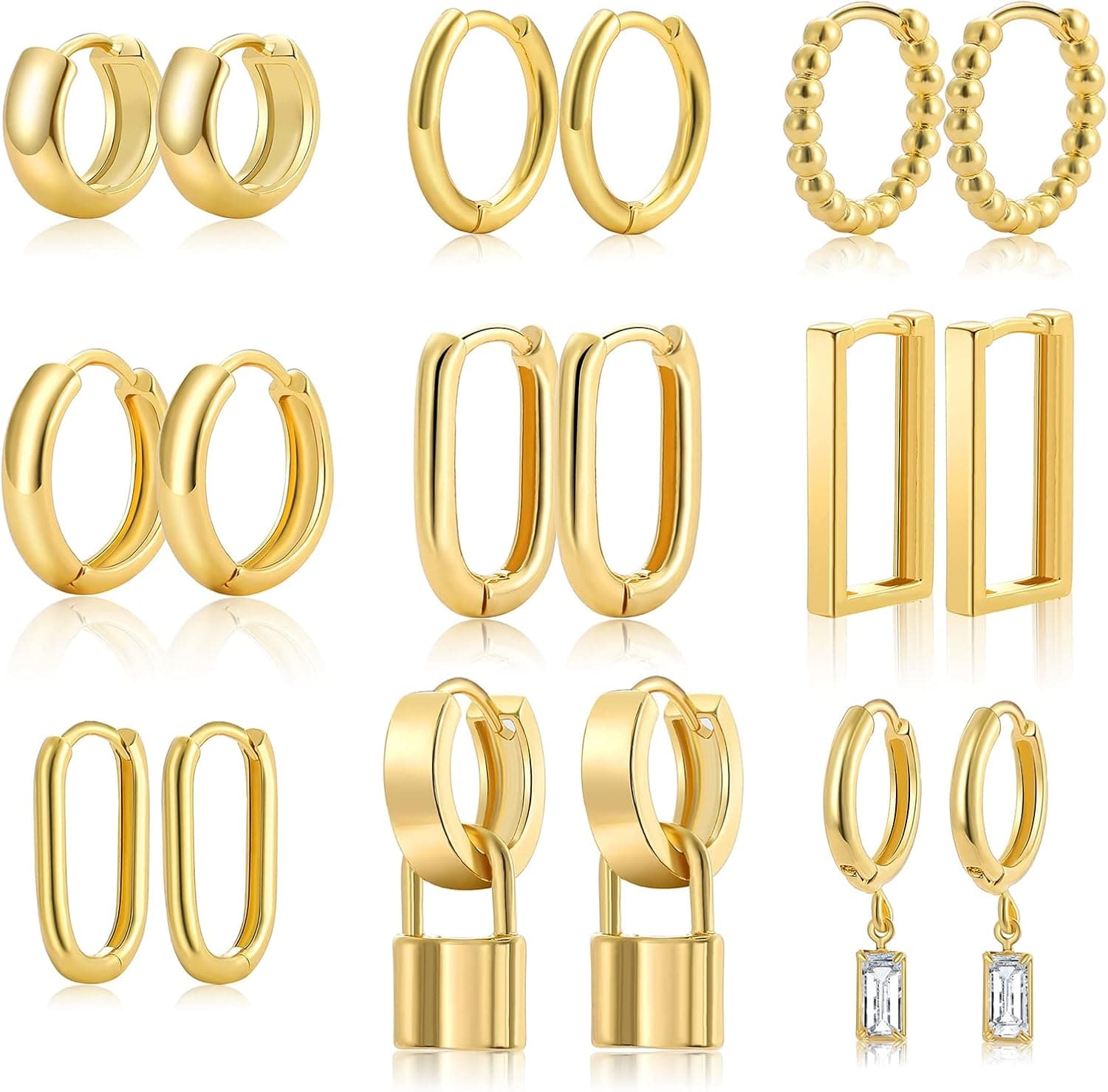Small Gold Huggie Hoop Earrings Set for Women Girls, Hypoallergenic Twisted Cartilage Hoops, Silver Hoop Earrings Jewelry for Multiple Piercing (Gold B-9 pairs)