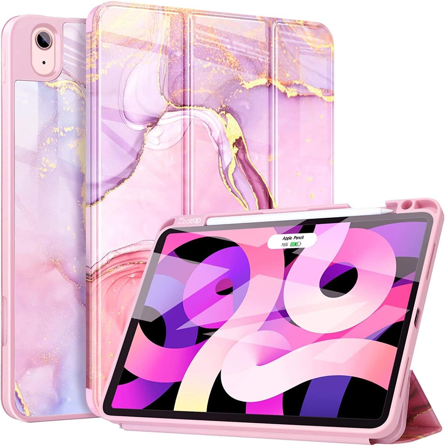 Ztotop New 2022/2020 iPad Air 5th/4th Generation Case 10.9", Pencil Holder/Auto Sleep/Wake, Slim Trifold Stand Cover for iPad Pro 11 2018, Marble Pink