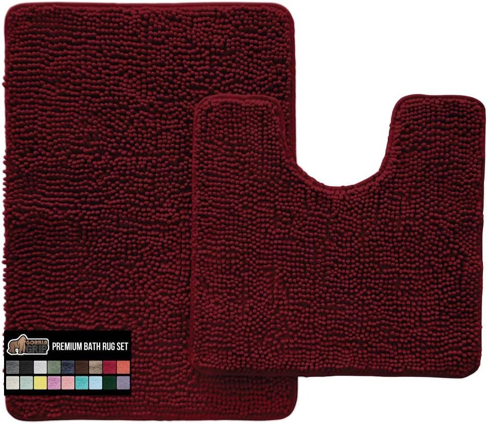Gorilla Grip Area Rug Set, Soft Chenille 2 Piece Sets, Toilet Base Mat & 30x20 Mat, Absorbent Washable Mats, Microfiber Dries Quickly, Rugs for Home, Kitchen, Bath Tub, Bathroom, Burgundy