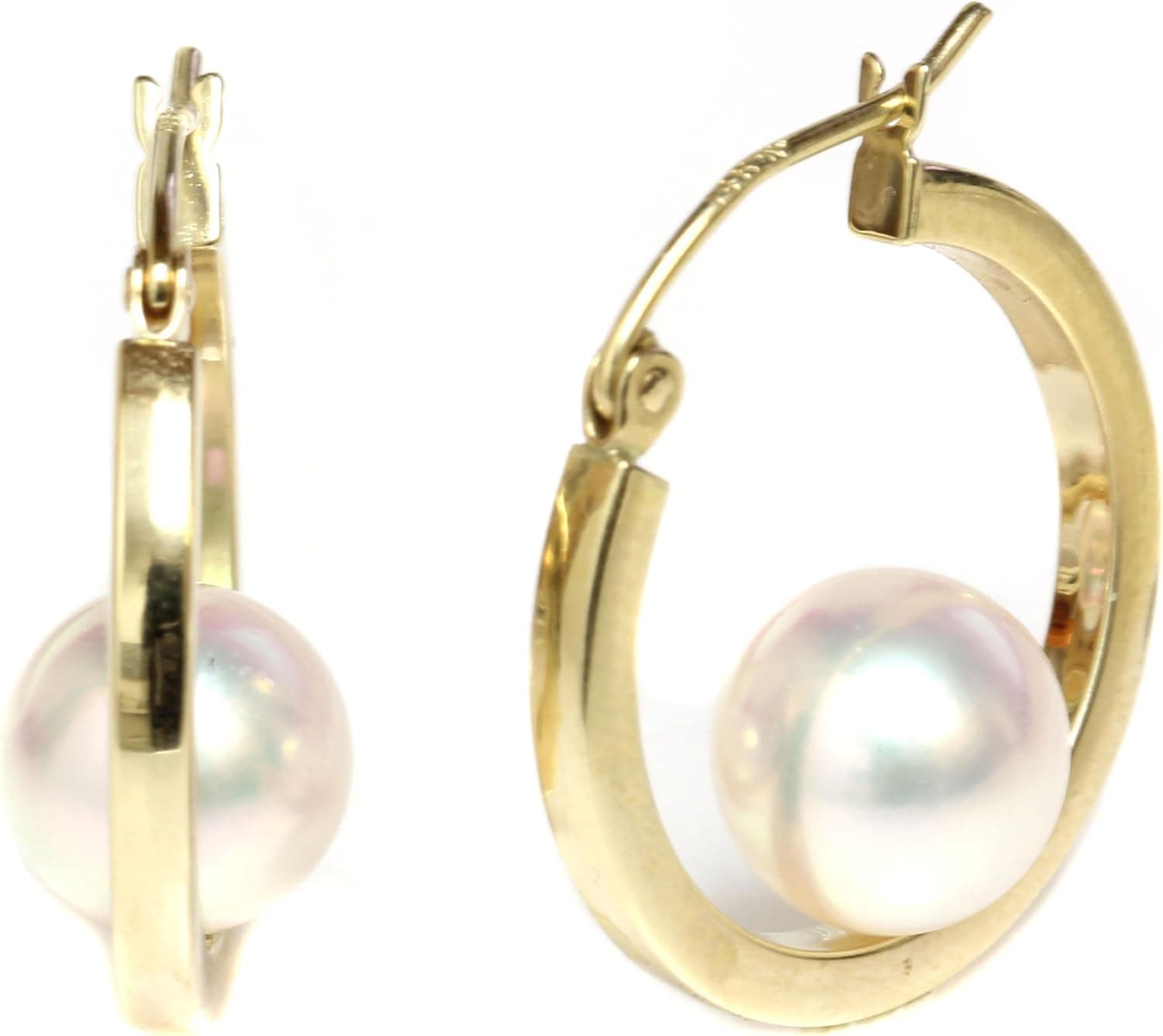 14k Yellow Gold Cultured Saltwater Akoya Pearl Dangle Hoop earrings - AAA and AAA Flawless