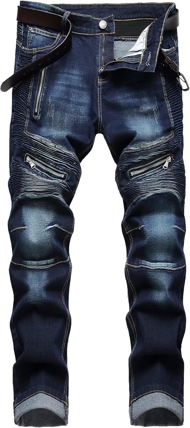 XIMINGSHI Men's Biker Slim Fit Ripped Jeans with Zipper, Straight Leg Distressed Destroyed Stretch Denim Pants