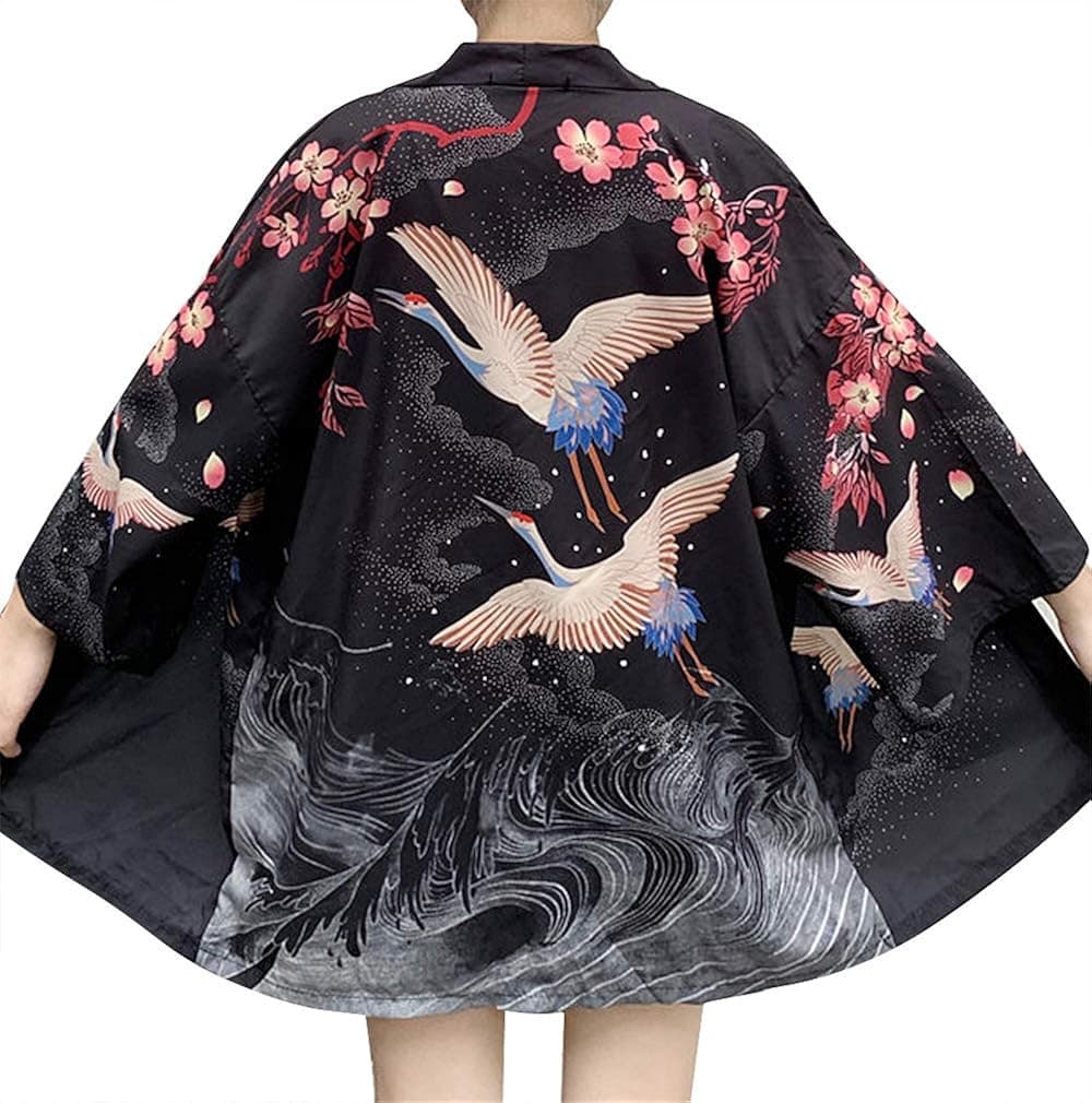 Women's 3/4 Sleeve Japanese Shawl Kimono Cardigan Tops Cover up OneSize US S-XL