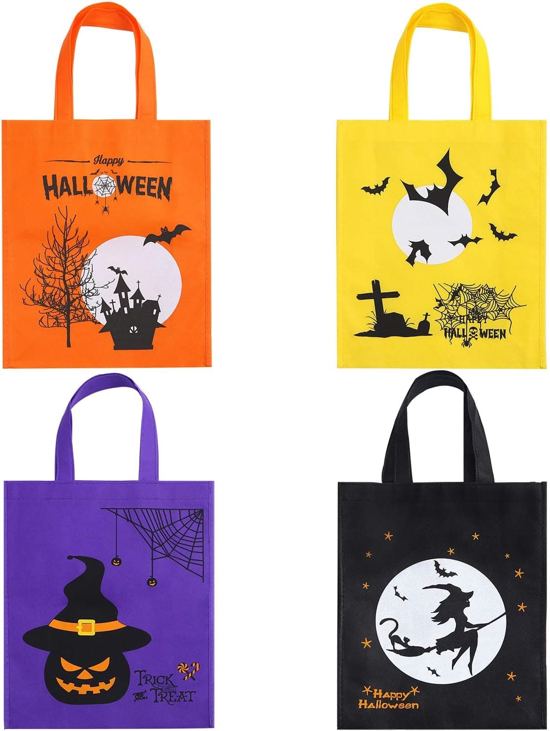 Elcoho 4 Pieces 13.8 by 11 Inches Halloween Non-woven Bags Halloween Party Goody Tote Bags Trick or Treat Bags Gift Bag with Handles for Party Favors, 4 Colors