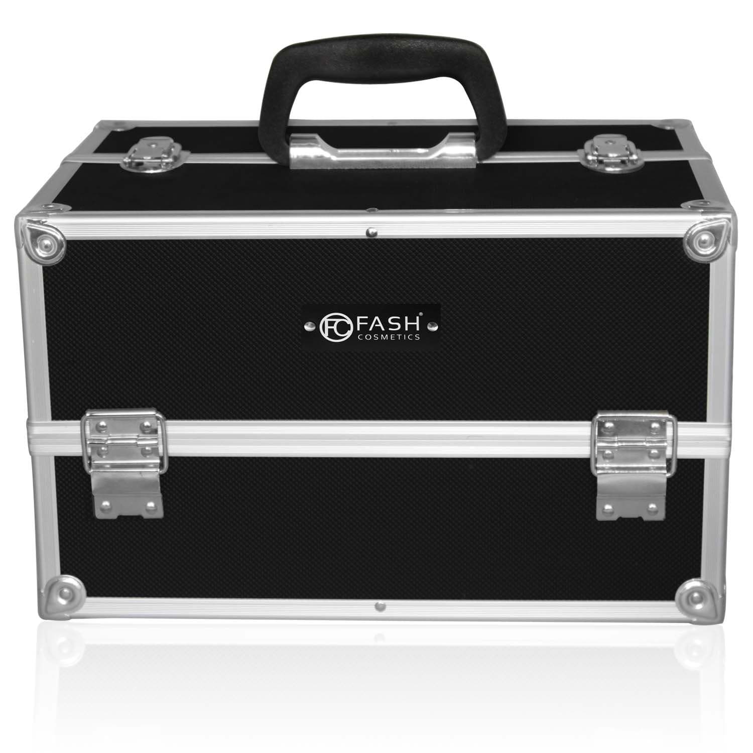 FASH Cosmetics Professional Aluminium Black and Silver Makeup Train Case Storage Organizer Box with Lock and Compartments