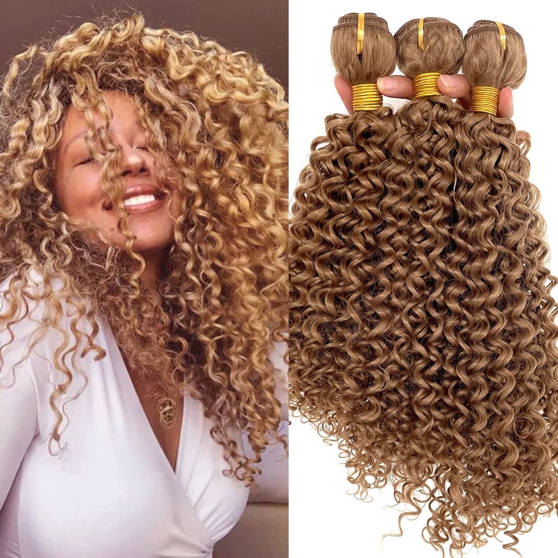 Afro Kinky Curly Synthetic Hair Weave 3 Bundles 18 20 22 Inches Color Golden 100 Gram/pcs Jerry Curly Bundles High Temperature Fiber Hair Extensions for Black Women(27#)