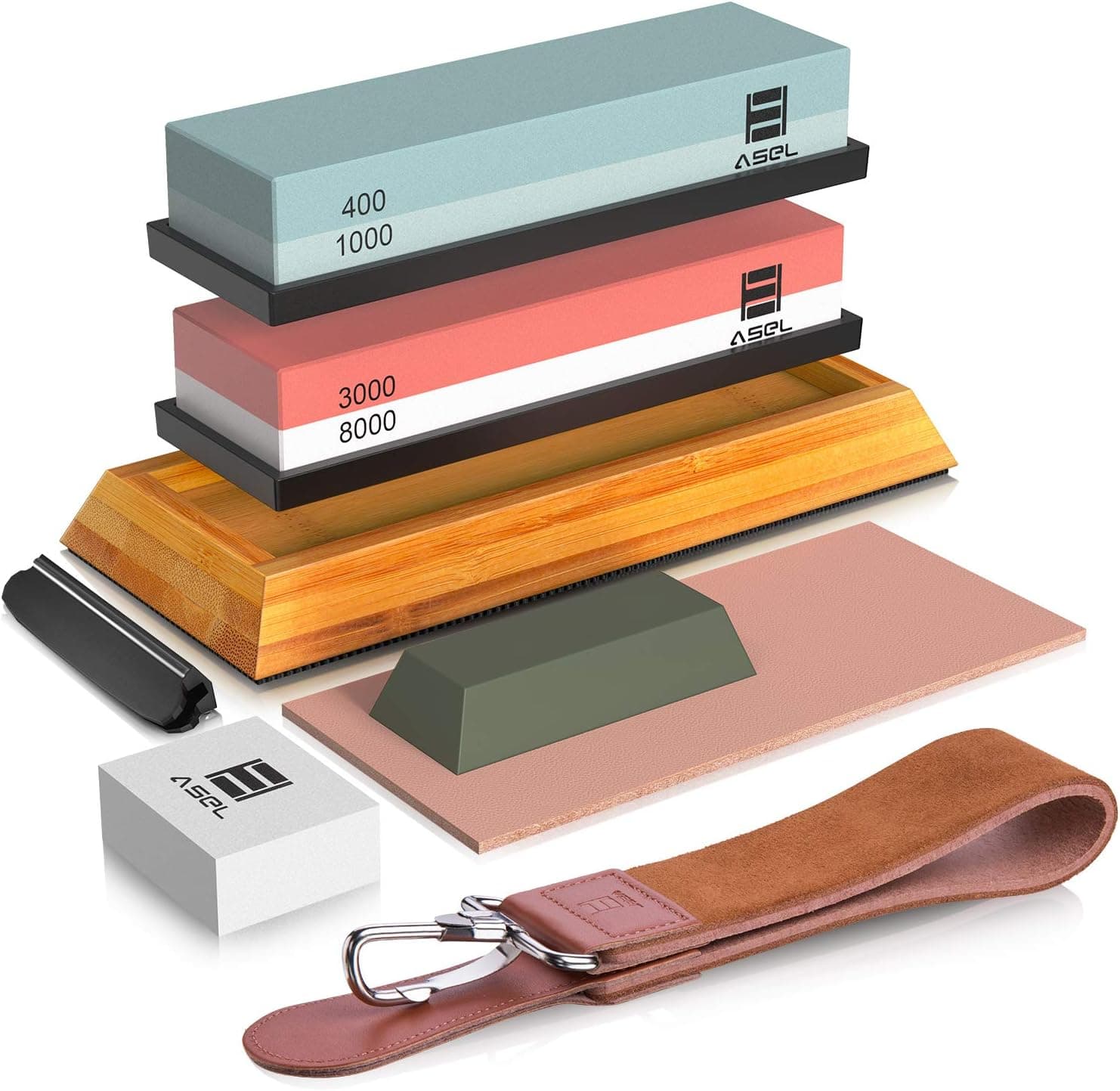 Knife Sharpening Stone Kit, AASELM Professional Whetstone Sharpener Set, 2 in 1 Grit 400/1000 3000/8000, Bamboo Base, Flattening Stone, Polishing Compound, Leather Honing Strop and Leather Razor Strop