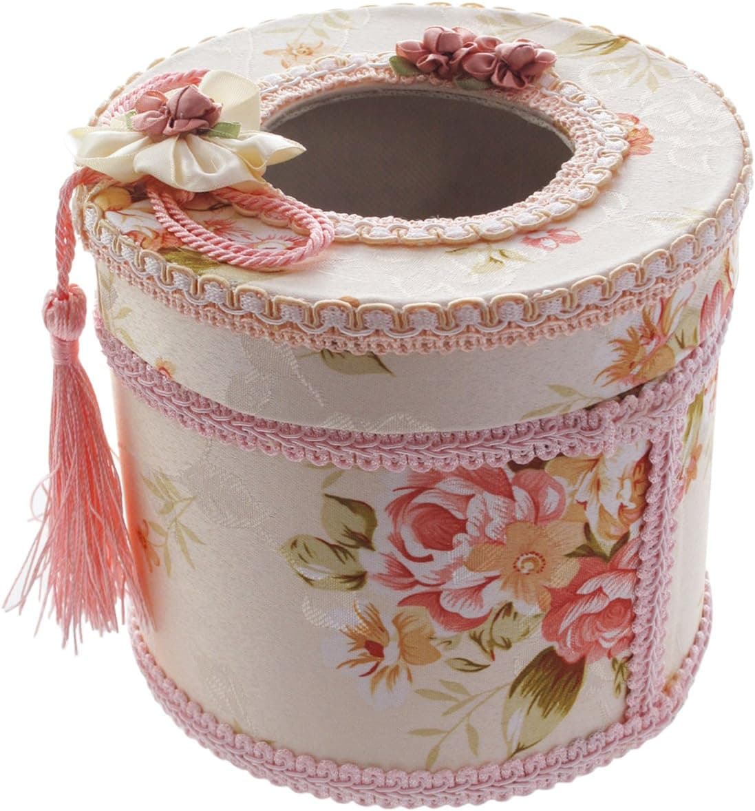 JustNile Retro Classic Distressed Antique Floral Cylinder Round Pink Floral Rose Tissue Paper Cover Toilet Tissue Holder