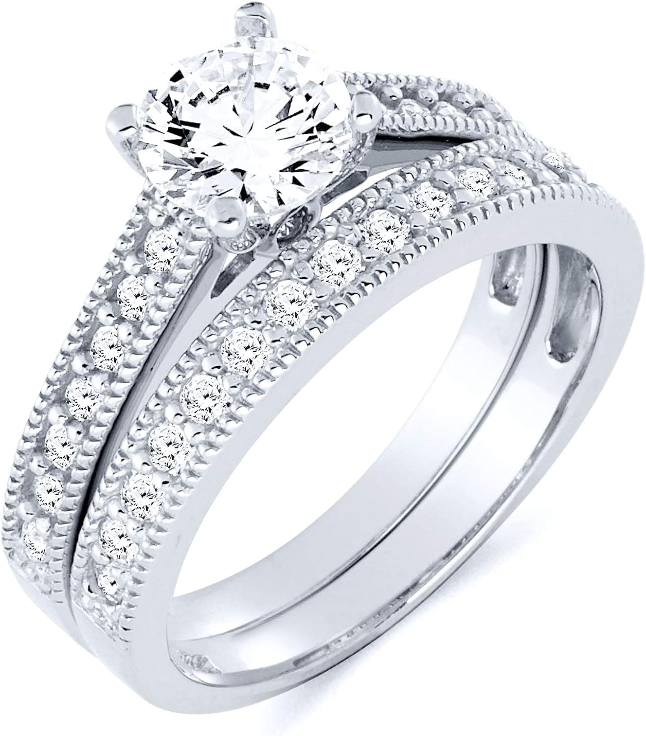 14k REAL Yellow OR White Gold SOLID Wedding Engagement Ring and Wedding Band 2 Piece Set