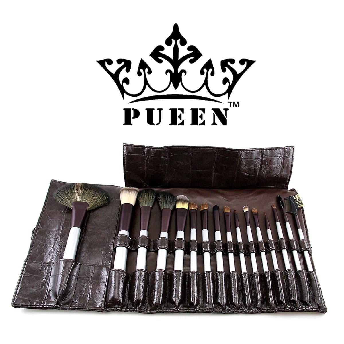 PUEEN 16 Piece Luxury Makeup Brush Set in Vegan Leather Case Natural Hair Bristles