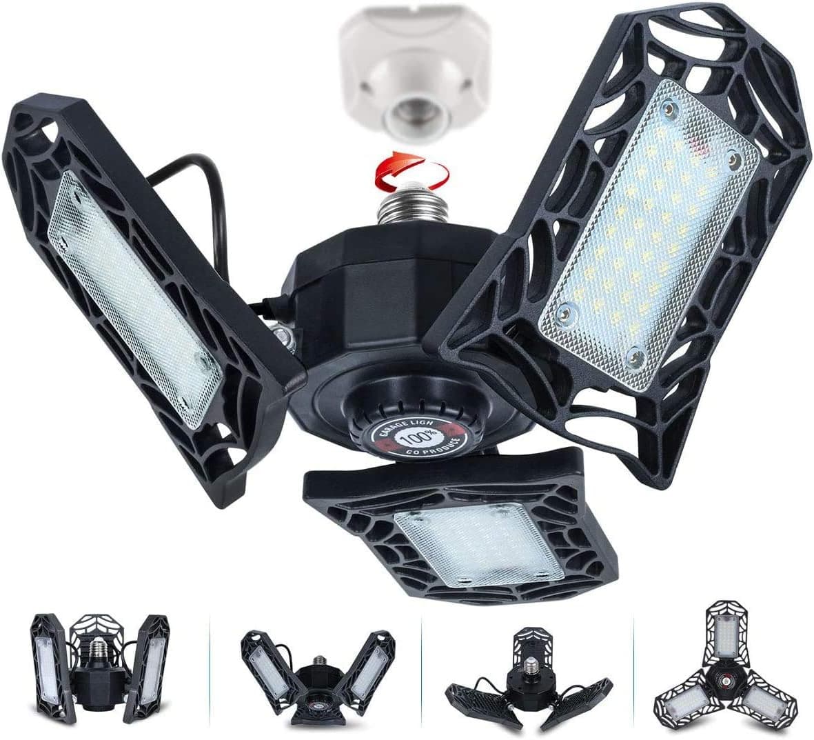 Garage Lights 60W Deformable Garage Ceiling Lights 6000K Tribright Garage Light E26/E27 Triple Glow Garage Light LED Light for Garage Workshop Warehouse with 3 Adjustable Panels