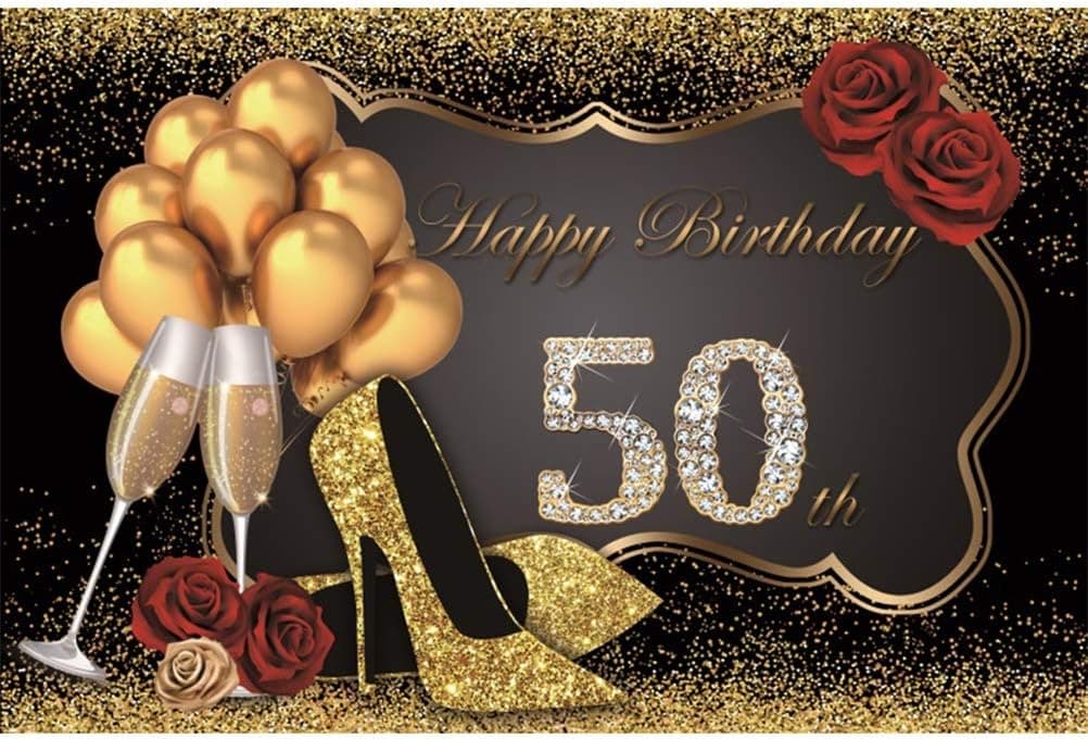 Laeacco Happy 50th Birthday 7x5ft Vinyl Photography Background Luxurious Shiny Diamonds Golden Glittering High Heels Balloons Red Roses Champagne Goblets Golden Glitter Decors Black Backdrops