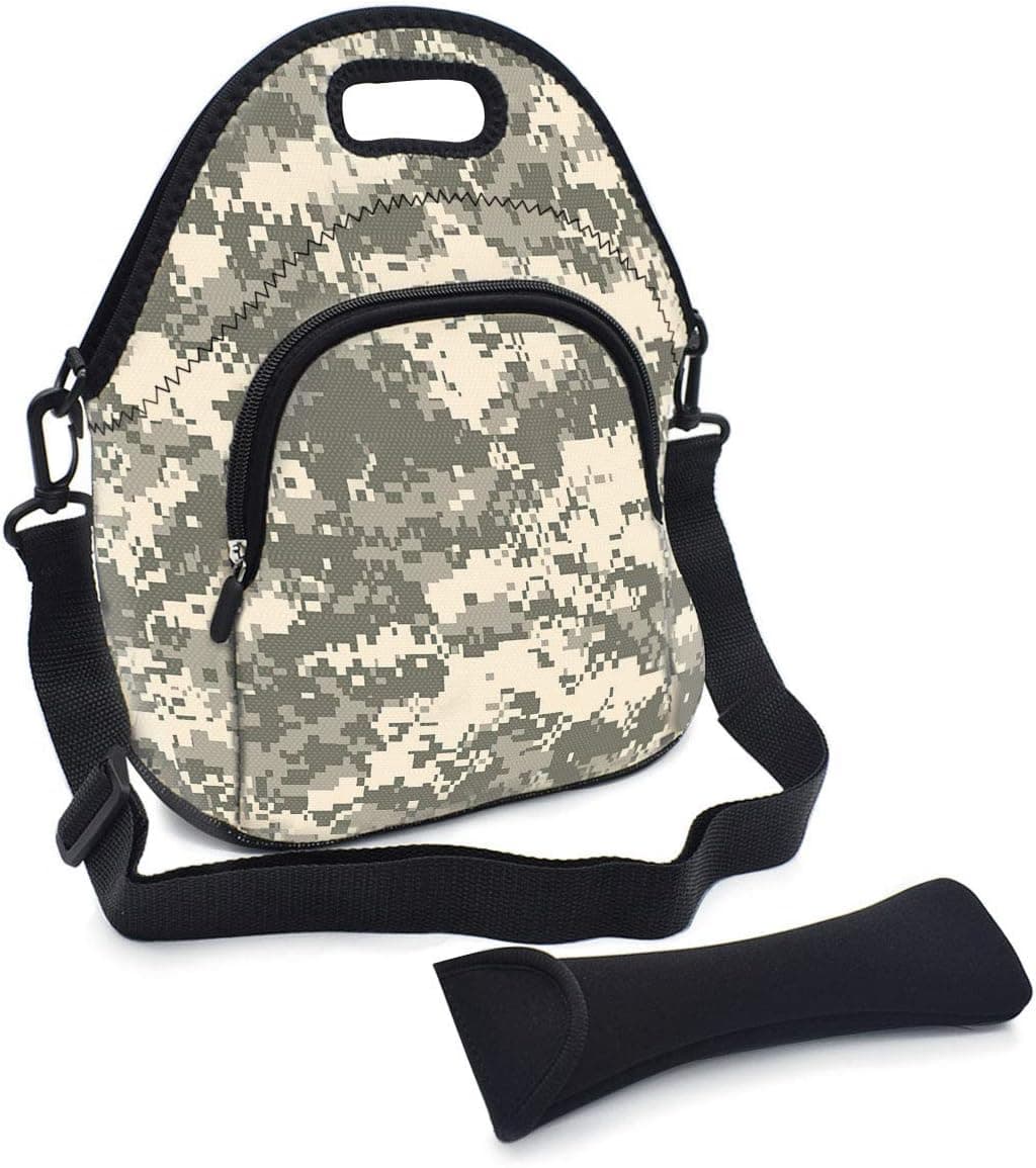 Multipurpose Neoprene Lunch Bag Kit, VIPbuy Soft Insulated Thermal Lunch Boxes Container Tote Large with Detachable Adjustable Shoulder Strap, Pocket, Cutlery Organizer Bag, Zipper (Digital Camo)
