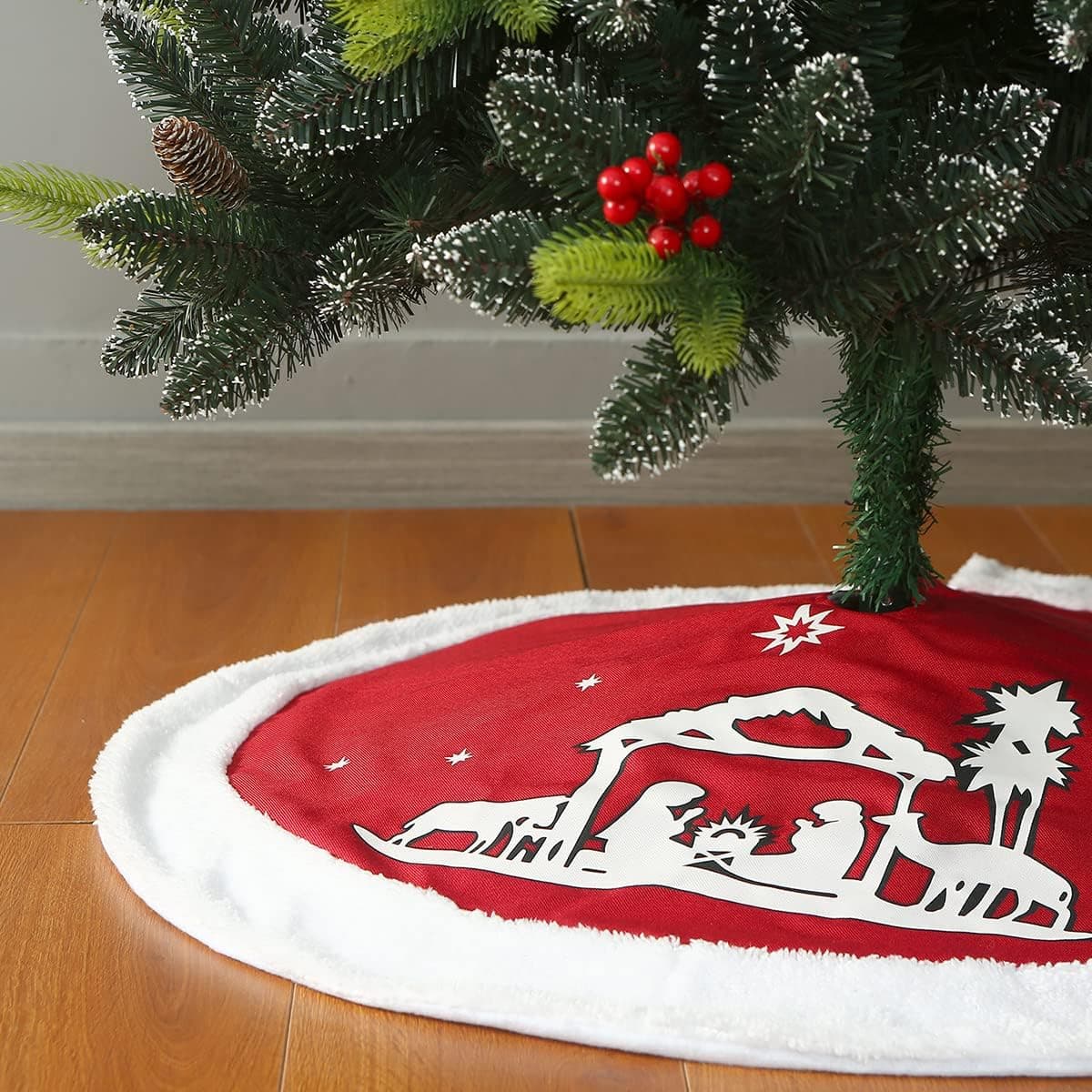 Sattiyrch Holy Family Christmas Tree Skirt,Burlap Tree Skirt with Faux Fur Edge (Red, 36in)