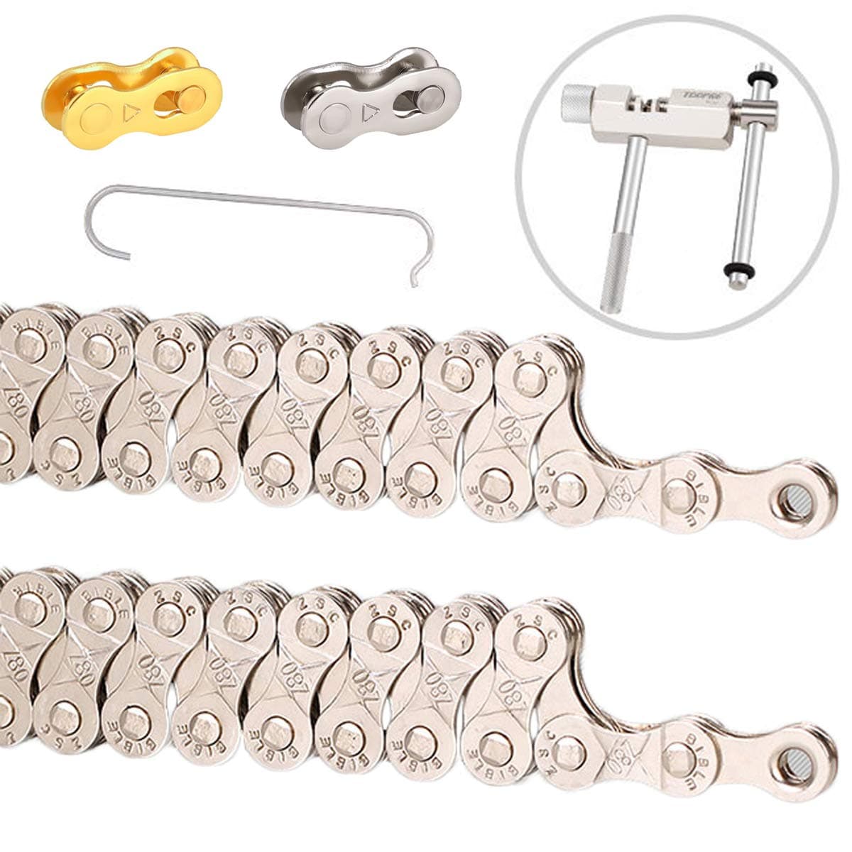 N/Y 6/7/8 Speed Bicycle Chain, 116 Links Steel High Strength Bike Derailleur Chain for 6/7/8 Gear Road Mountain Bicycle with Chain Breaker and Chain Checker Include 2 Pairs Bicycle Missing Link