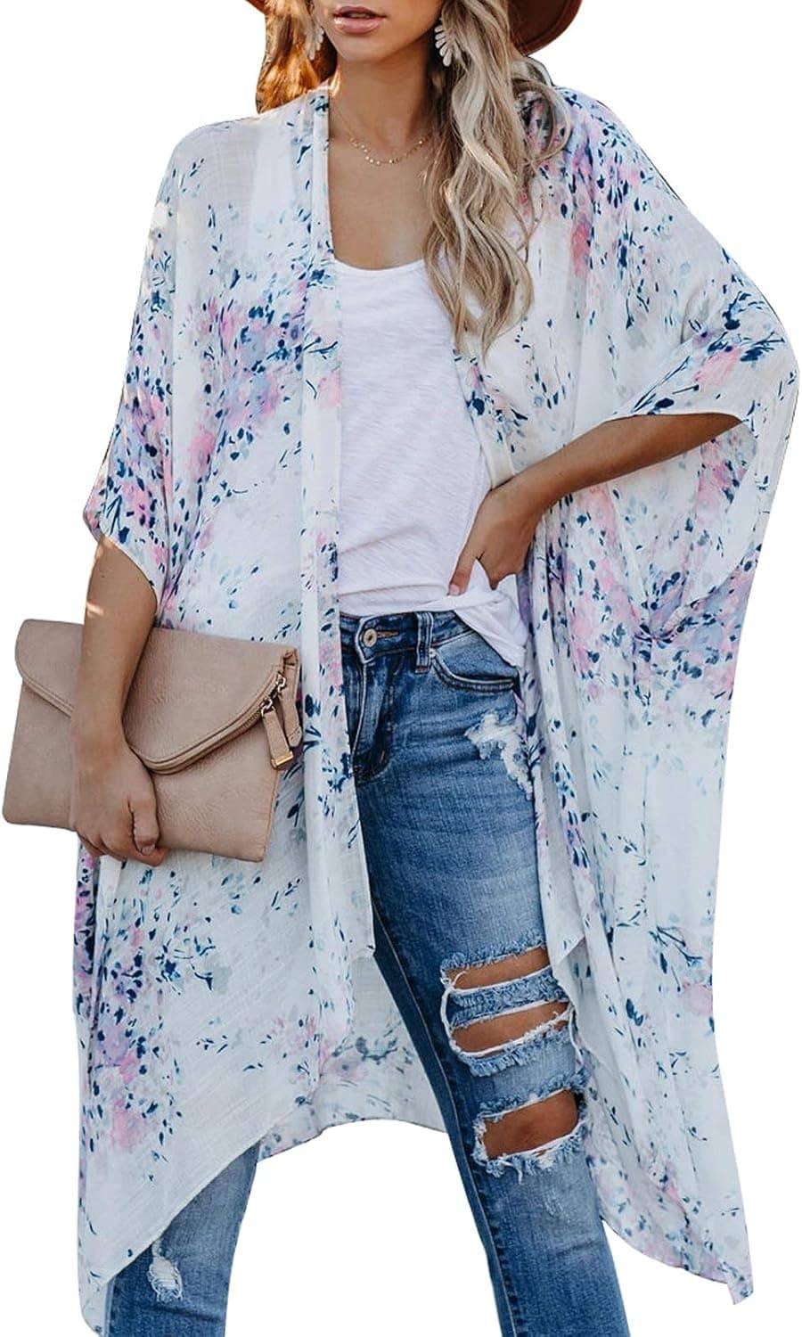 Sidefeel Women Print Kimono Cardigan V Neck Loose Beach Cover Up