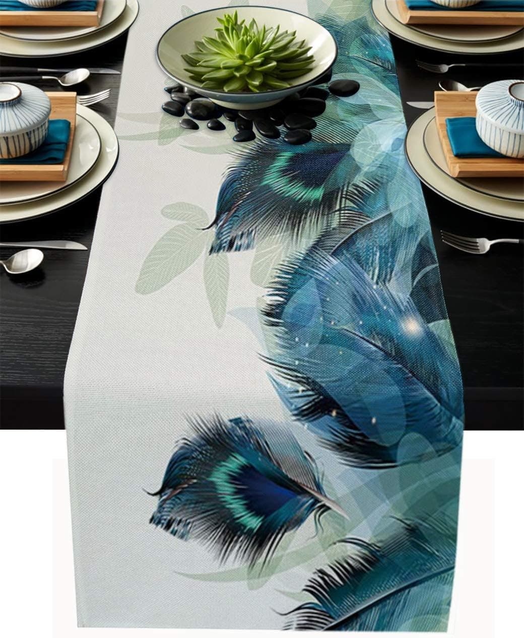 Beauty Decor Burlap Table Runner Peacock Feather Teal Blue Turquoise Floral Green Leaf Farmhouse Table Runners for Family Dinners, Indoor or Outdoor Parties, Everyday Use 13x70 Inch