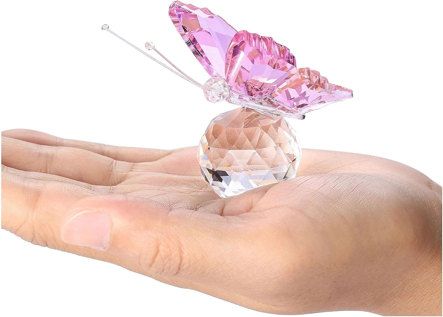 Jovivi Crystal Flying Butterfly Figurine with Clear Glass Crystal Ball Suncatcher Ornament Craft Gifts Home Wedding Decor - Pink