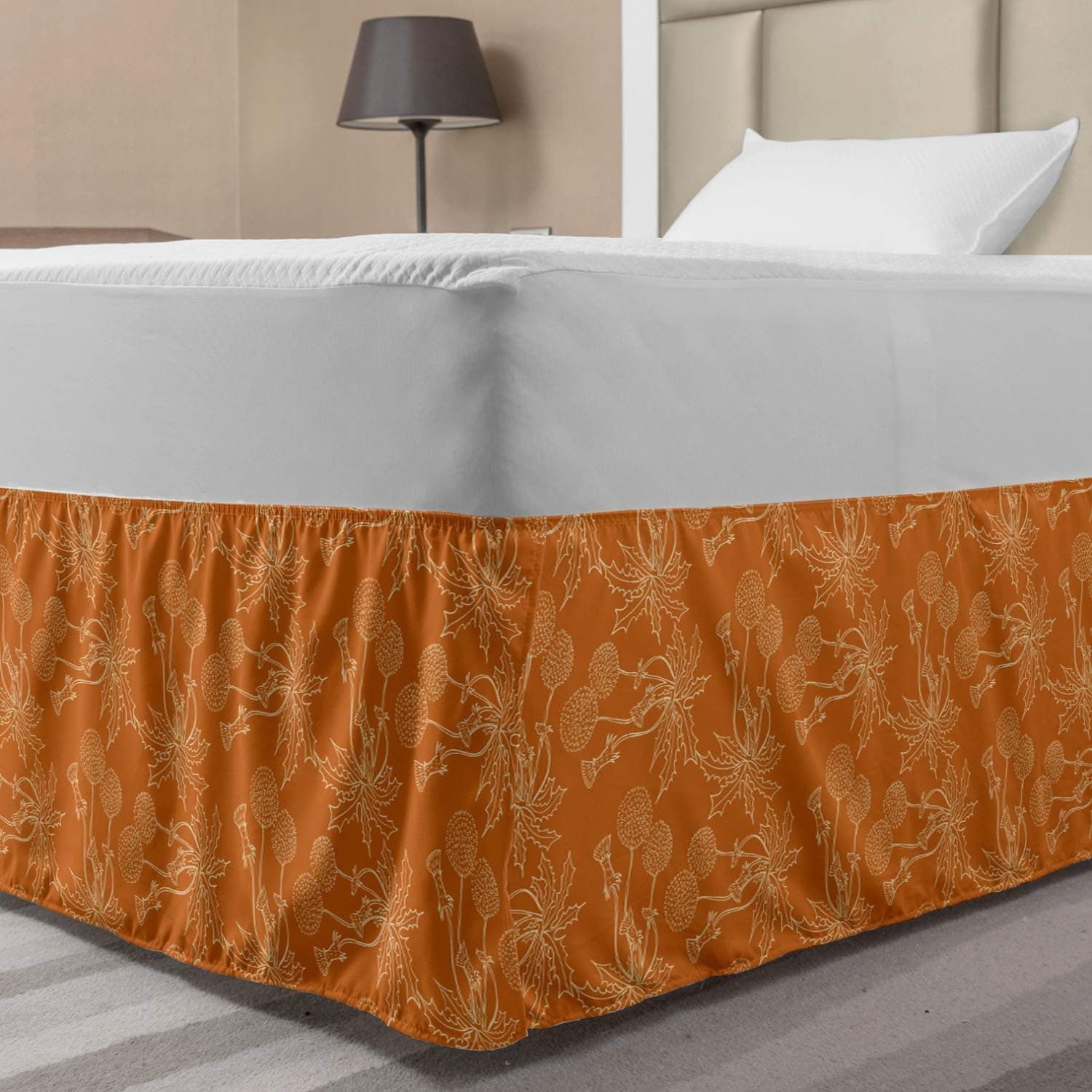 Ambesonne Burnt Orange Elastic Bed Skirt, Dandelions Poppies and Wildflowers Silhouettes Romantic Garden Art, Wrap Around Fabric Bedskirt Dust Ruffle for Bedroom, Full, Orange White