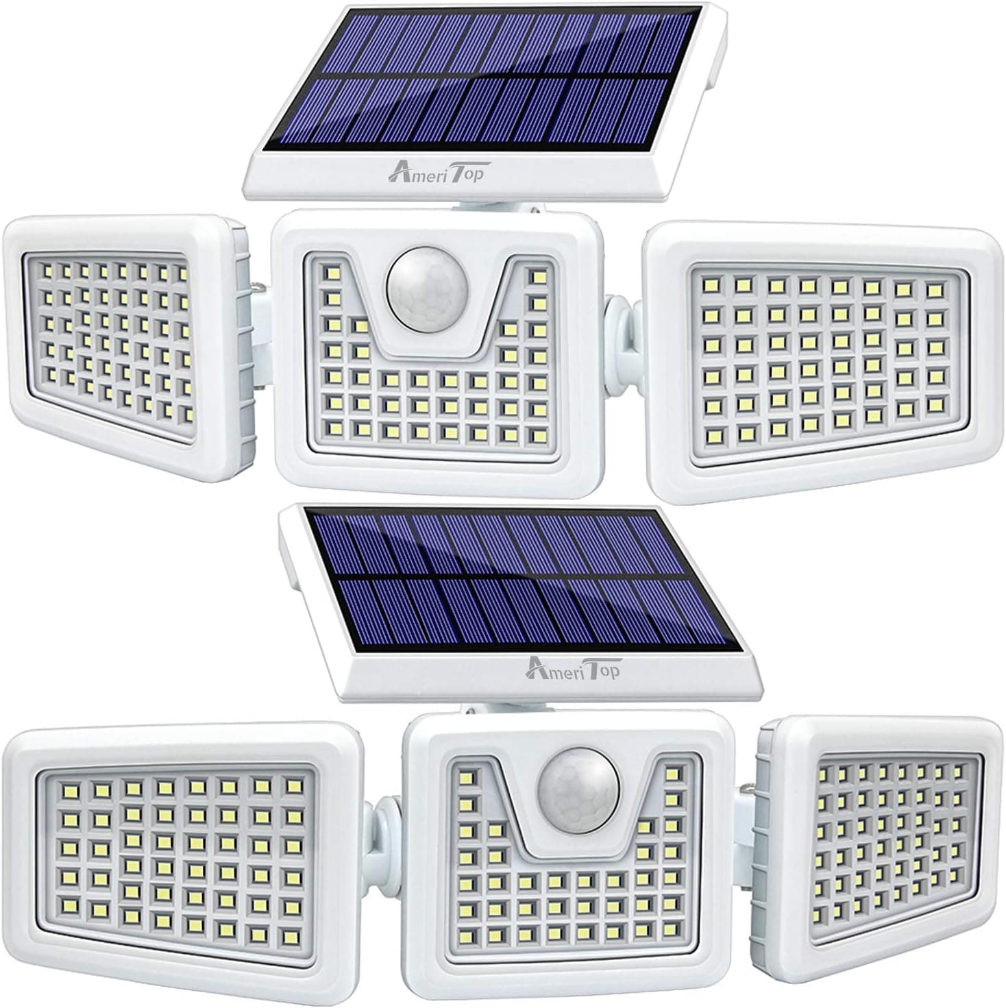 AmeriTop Solar Lights Outdoor -2 Pack, 800LM 128 LED 6500K Motion Sensor Lights Cordless ; 3 Adjustable Heads, 270° Wide Angle Illumination, IP65 Waterproof, Security LED Flood Light (Daylight)