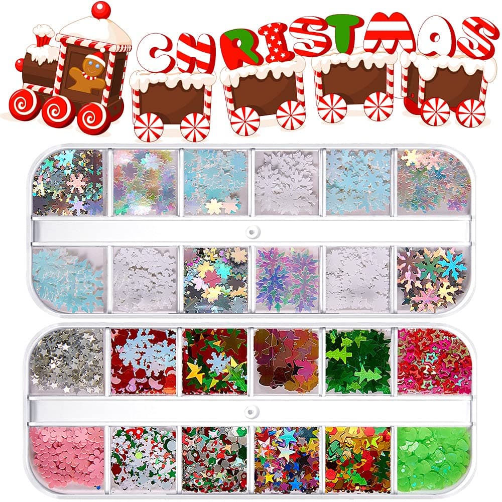 Christmas Glitters 24 Girds Flakes Holographic Christmas Nail Sequins Snowflakes Xmas Tree Stars Flake Nail Glitter Laser Sparkly Confetti Glitter for Nail Art Decorations Christmas Party Supplies