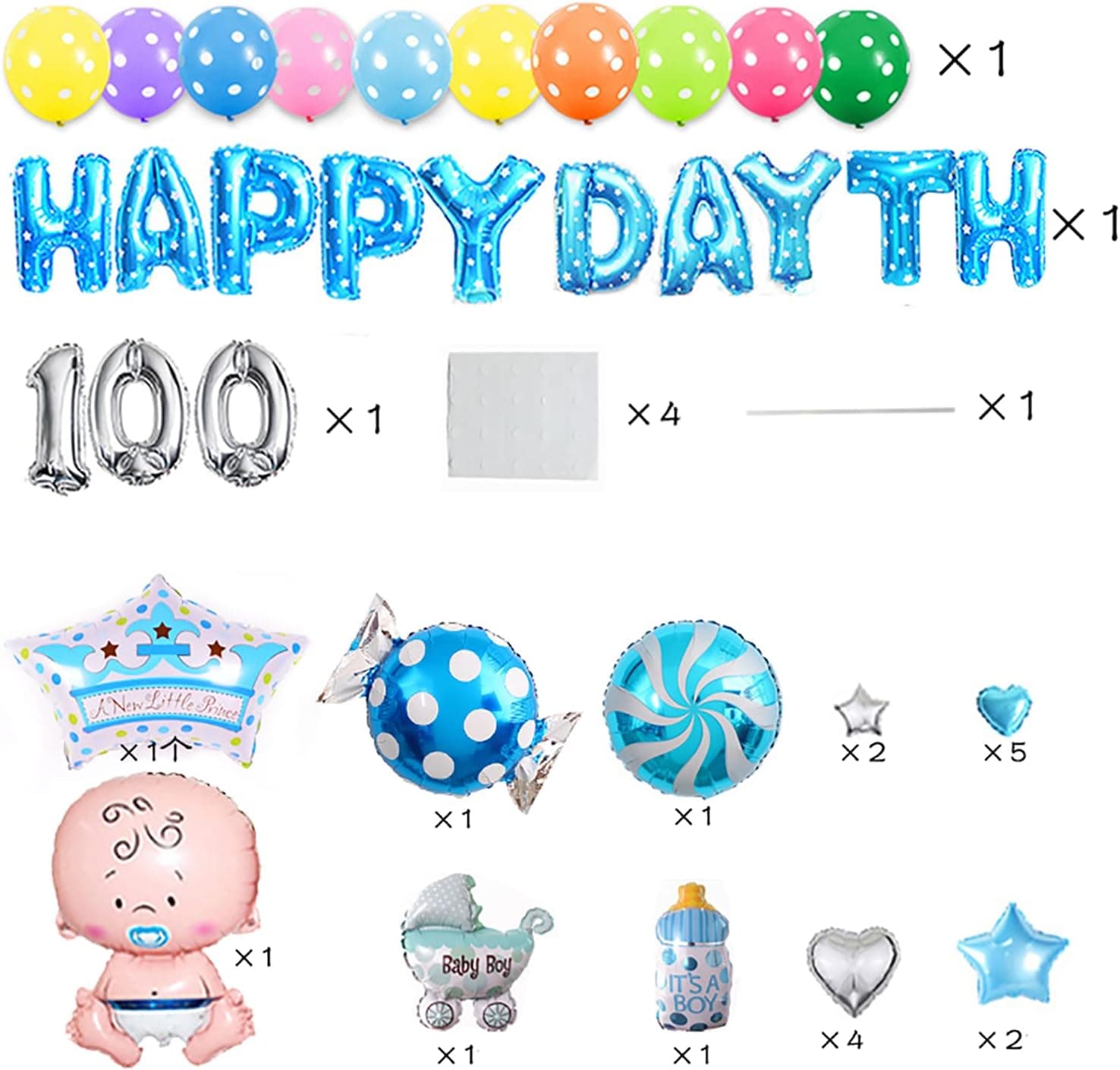 GOER Cute Blue Alphabet Letters Foil Balloons Set Happy 100 Day Party Decoration Supplies,Include 37 Balloons and 52 Balloon Glue